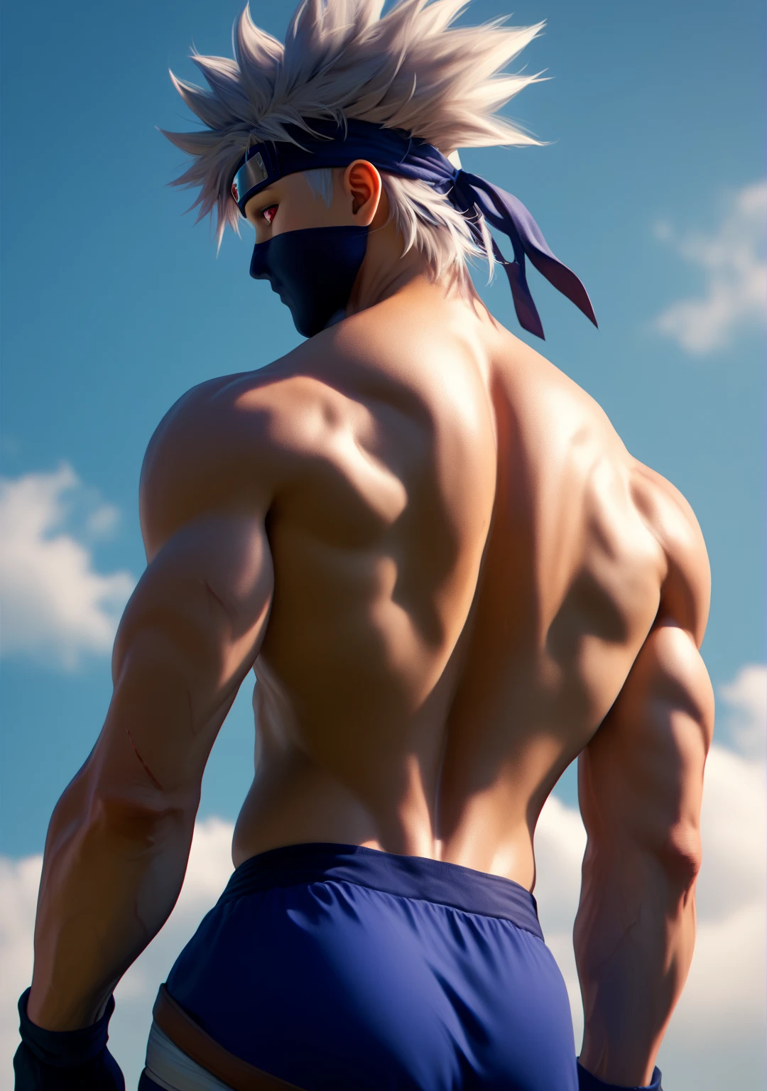 score_9, score_8_up, score_7_up, score_6_up, score_5_up, 1boy, kakashi, grey hair, covered mouth, mouth mask, red eye, scar across eye, forehead protector, from below, from behind, big thigh, long happy trails, back focus, muscular male, nude, blue pants, shirtless, full back