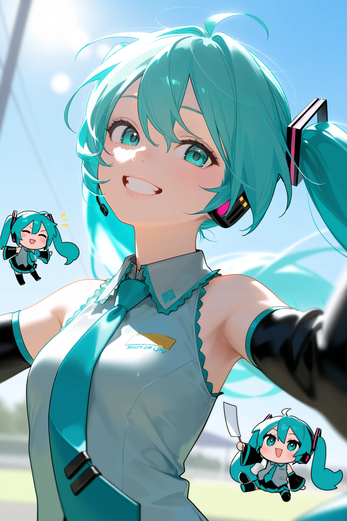  photorealistic 、Chibi Hatsune Miku（Explaining the weather、smile）