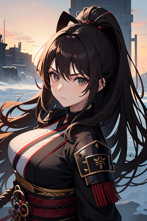 photo realistic, anime style, (8k, RAW photo, best quality, masterpiece:1.2), High detail RAW color photo, professional photograph, cowboy shot, (realistic, photo realistic:1.37),cinematic light, (finery detailed face:1.2), cowboy shot, thigh 1 girl, 18-28 years old, very cute, very beautiful, photo realistic, event companion, BREAK, white skin, real human skin, (detailed face), oval face, pores, ultra high res, BREAK, slim, (medium-large-breast:1.37, cleavage:1.37), (looking straight at viewer with a serene and goddess-like happiness:1.2), (lifter gloss, eyelashes, gloss-face, best quality, ultra highres, Broad lighting, natural shading), (beautiful thin long hair, pony-tail:1.3, brown hair),, BREAK, 1 woman, elegant beauty, radiant skin, (Maeda Keiji costume:1.3), (warring-states-era:1.4), solo, (eccentric-fashion:1.2), (tiger-pattern-accent:1.3) (samurai-armor:1.5), detailed traditional clothing, (style-sengoku:1.3), detailed face expression, (style-dynamic:0.8), standing pose, holding katana, determined expression, (background: battlefield), (style-battle-ready:0.9), historical atmosphere, armor details, detailed background, (style-wafuku:0.9), powerful aura,