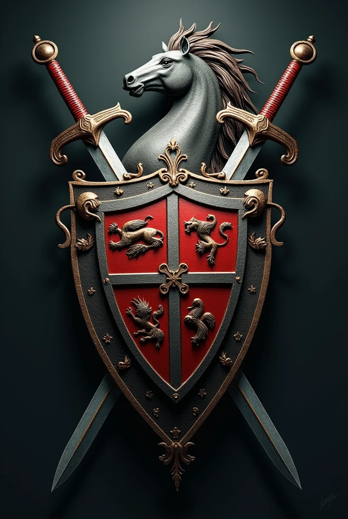 Shield coat of arms with fantastic horse and two swords crossing the shield from behind