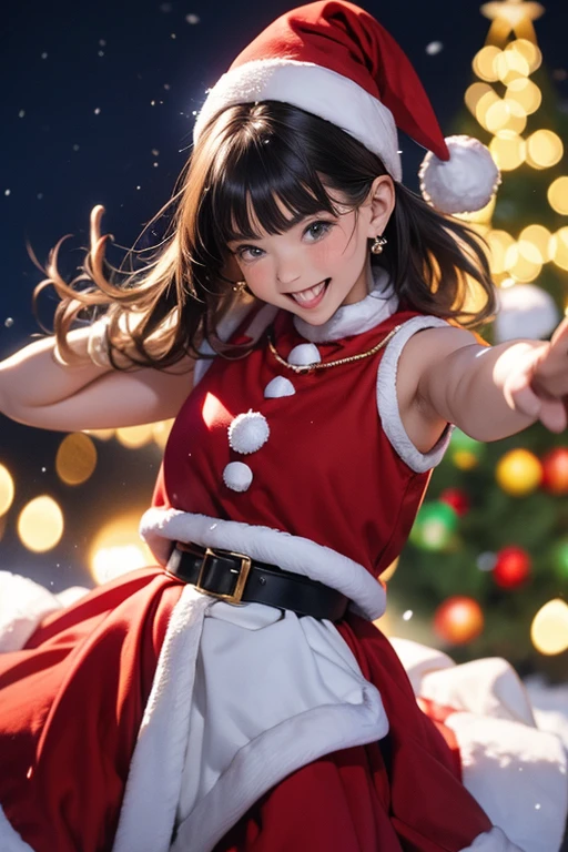 A young woman wearing a Santa Claus outfit, featuring a mini skirt, standing with her arms raised high into the air. The scene is set at night with snow falling. Numerous small toy stars, rockets, cars, and plush animals such as bears and cats are showering down from the sky. The background features a cityscape decorated with festive Christmas lights and several Christmas trees lining the streets.