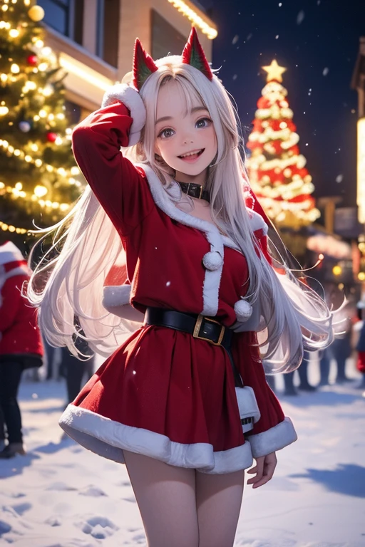 A young woman wearing a Santa Claus outfit, featuring a mini skirt, standing with her arms raised high into the air. The scene is set at night with snow falling. Numerous small toy stars, rockets, cars, and plush animals such as bears and cats are showering down from the sky. The background features a cityscape decorated with festive Christmas lights and several Christmas trees lining the streets.