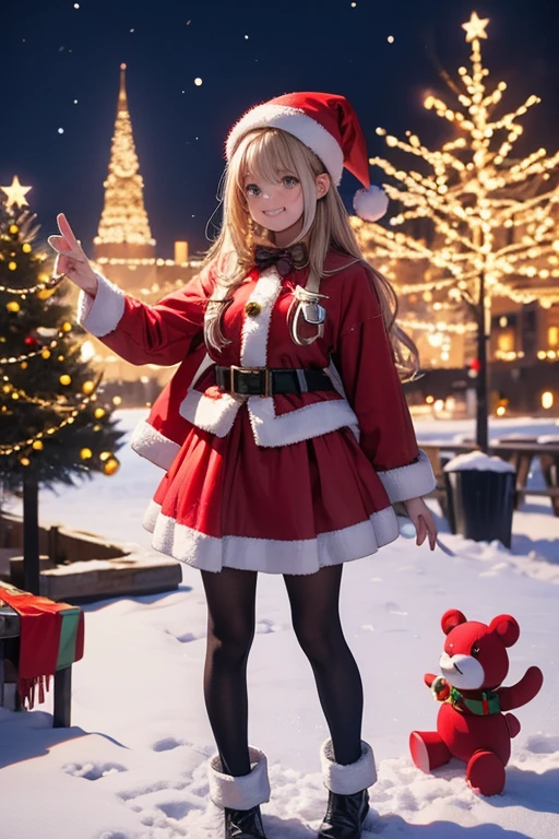 A young woman wearing a Santa Claus outfit, featuring a mini skirt, standing with her arms raised high into the air. The scene is set at night with snow falling. Numerous small toy stars, rockets, cars, and plush animals such as bears and cats are showering down from the sky. The background features a cityscape decorated with festive Christmas lights and several Christmas trees lining the streets.