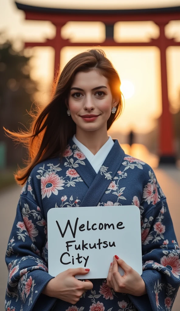 cowboy shot,   front view, Name is Anne Hathaway ,  1 woman, beautiful young American woman,  30-age, (brown  hair, middle hair , fringe, beautiful brown eye, smile), (C cup breasts, wide hip), ( Japanese traditional Dark blue Kimono, kimono's below  flower pattern , White obi with flower pattern ) , White board hold both hands, writing word "Welcome Fukutsu City" front Shinto shrine, The Road of Light , sunset,  , ((super detail, high details, high quality, accurate, anatomically correct, textured skin, beautiful fingers super detail, high details, high quality, best quality))