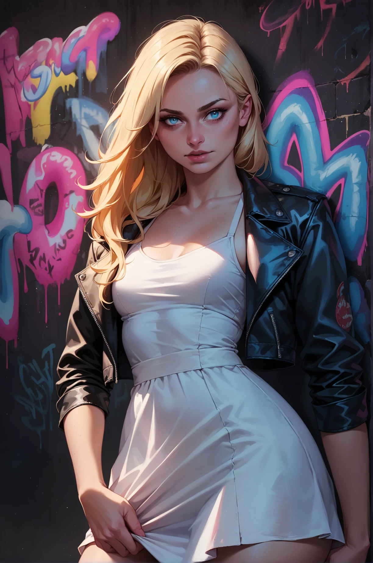 score_9, score_8_up, score_7_up, cartoon of a girl, solo, sexy, slutty, blue eyes, long blonde hair, leather jacket, white sundress, small breast, moody and gritty, neon lighting, neon graffiti, colorful graffiti, from front, black wall background