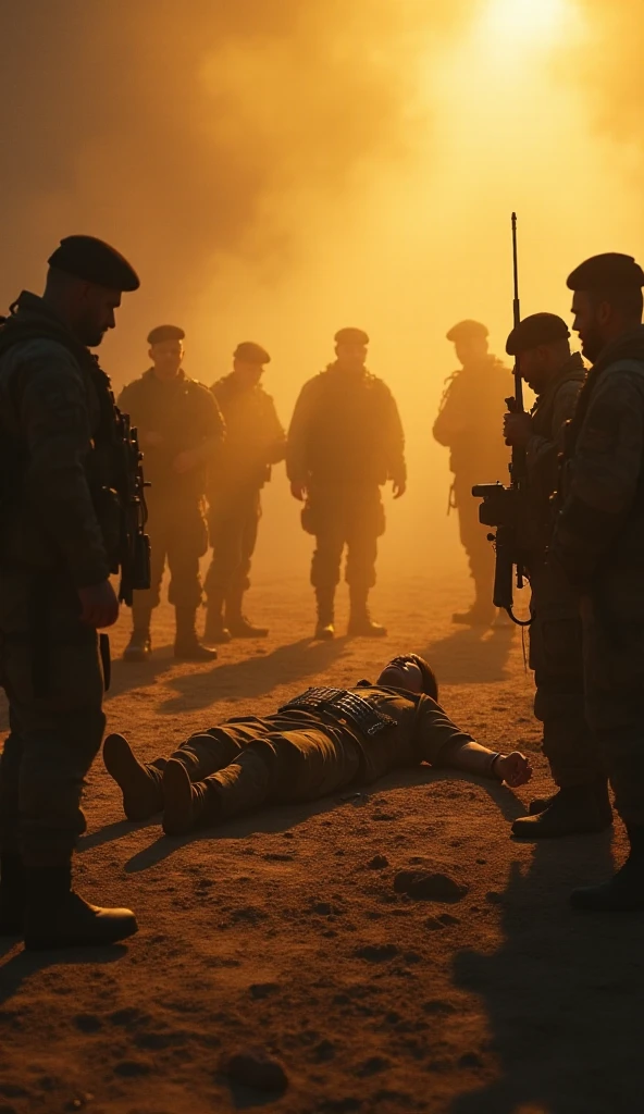 A wounded Olympos soldier lies on the ground in the 7-person Healing Choir ,  forms a circle around wounded soldiers,A wounded Olympos soldier lies on the ground.  The notes of the music ,  radiate as a golden wave of light .