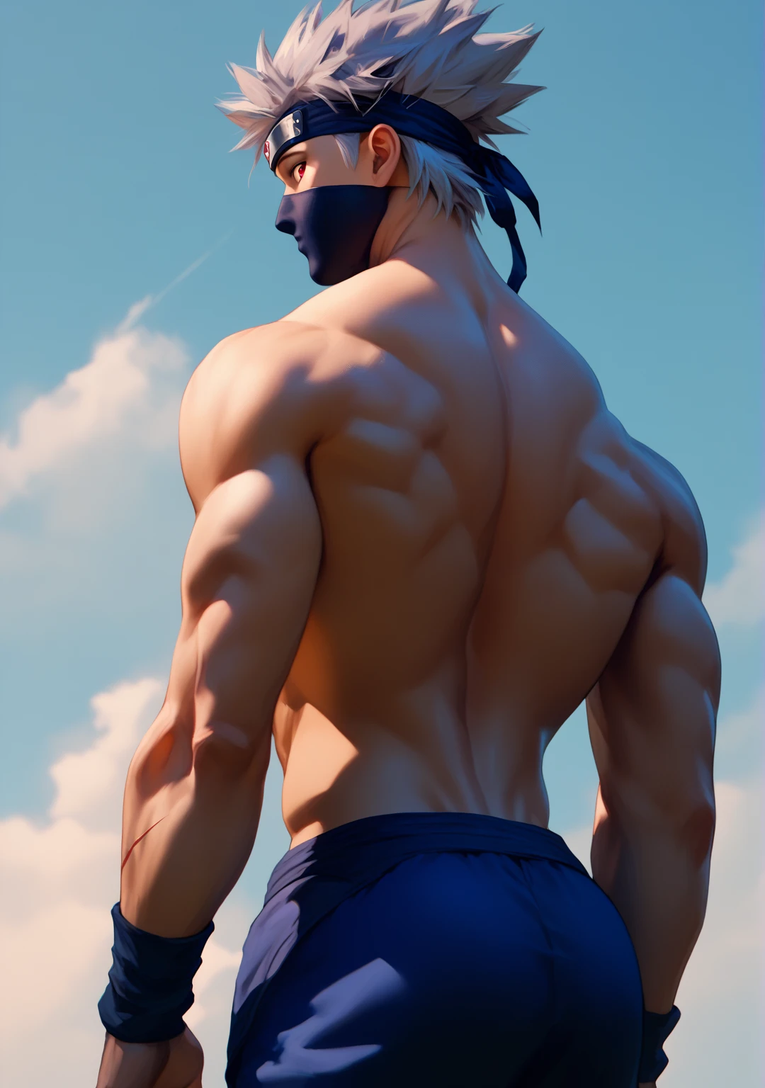 score_9, score_8_up, score_7_up, score_6_up, score_5_up, 1boy, kakashi, grey hair, covered mouth, mouth mask, red eye, scar across eye, forehead protector, from below, from behind, big thigh, long happy trails, back focus, muscular male, nude, blue pants, shirtless, full back