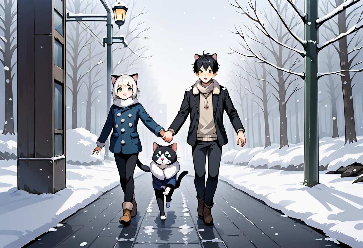 Masterpiece,Best quality, cute Anime style, a boy and a girl,short, very young, boy with dog ears, black hair, black dog tail, white fur scarf, winter clothes, girl with cat ears, white hair, white cat tail, black Muffler, winter clothes, boy holding girl's hand, The two are running on the snow, boy in front, outdoors, snowy scene, snowing,