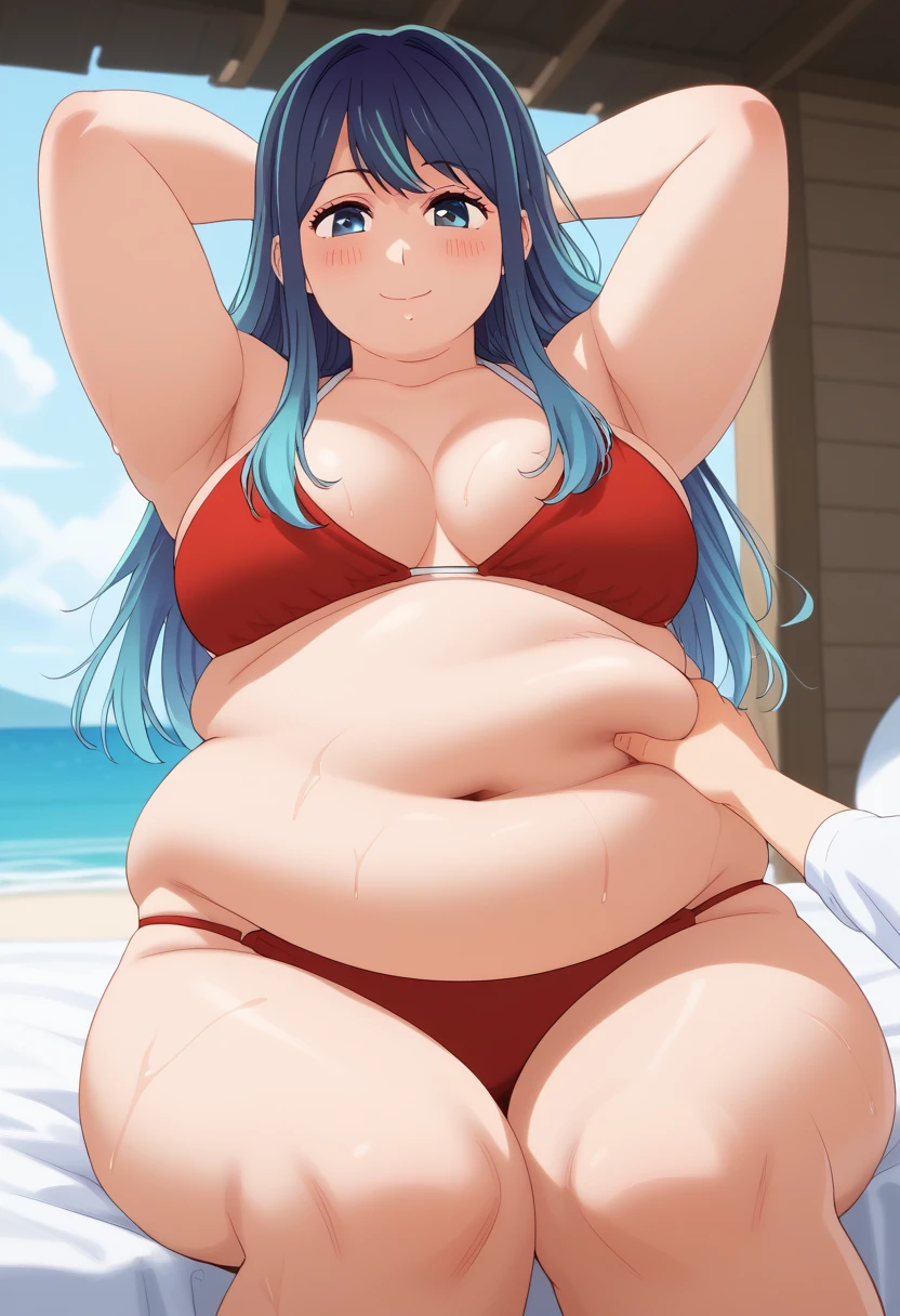 score_9, score_8_up, score_7_up, 1girl,solo,mm,mature female, source_anime, akane kurokawa, long hair, bangs, blue eyes, bikini,arms behind head, cowboy shot, summer,beach,wet,looking at viewer, smile,outdoors
,masterpiece,best quality,amazing quality,bulging belly, chubby, obese, absurdres, highres icon, rating:General, blush, portrait, pov hands, hand on another's belly, averting eyes, [looking away], straight-on, from below, masterpiece, best quality, ultra-detailed, high resolution, 8K, large breasts, black hair, blue hair, multicolored hair, gradient hair,, red bikini,, bed room, bed, fast food,, horny smiling, looking at viewer,, solo,, cowboy shot, dutch angle,((she sitting on viewer))