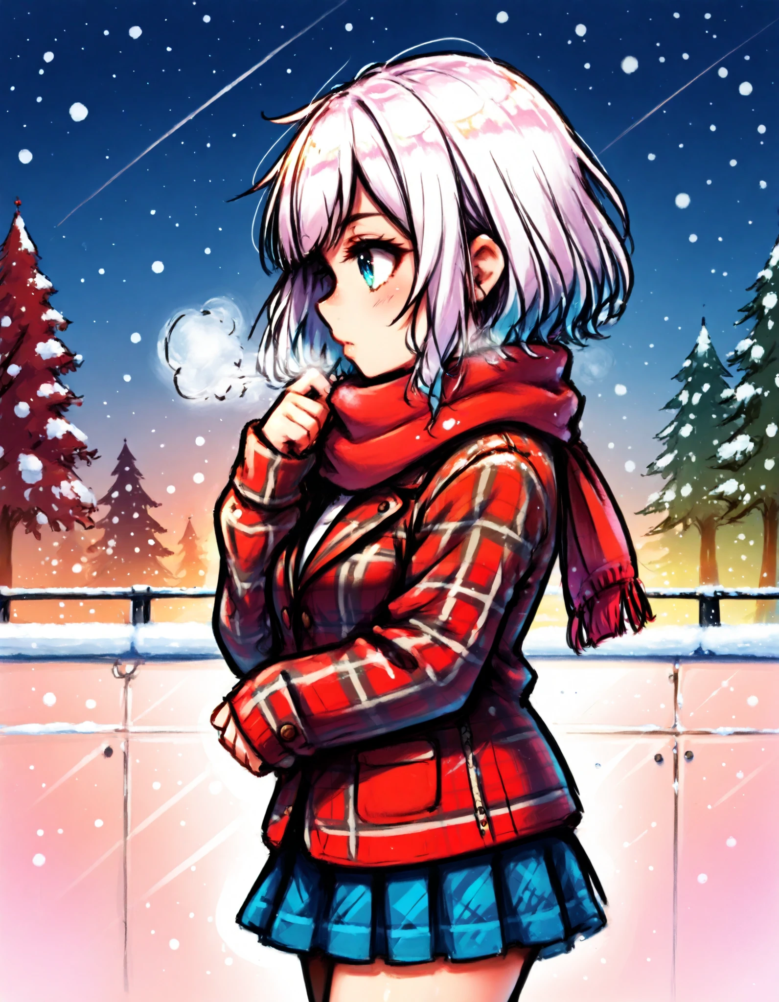 solo, colorful, 1girl, jacket, long sleeves, plaid, plaid jacket, profile, scarf, silhouette, sleeves past wrists, snowing, short hair, hand up, red theme, skirt, solo, looking afar, from side, masterpiece, best quality, newest, very awa