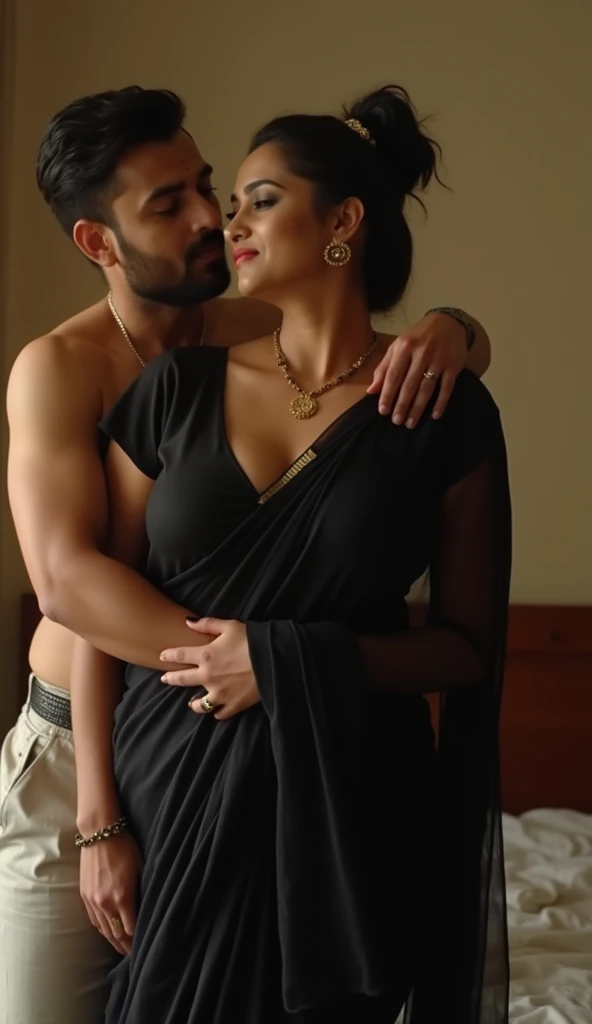 Hot indian woman, big breasts, beautiful body shape, wearing blue silky saree, no blouse , a 30 years old man rubbing her ass from back.