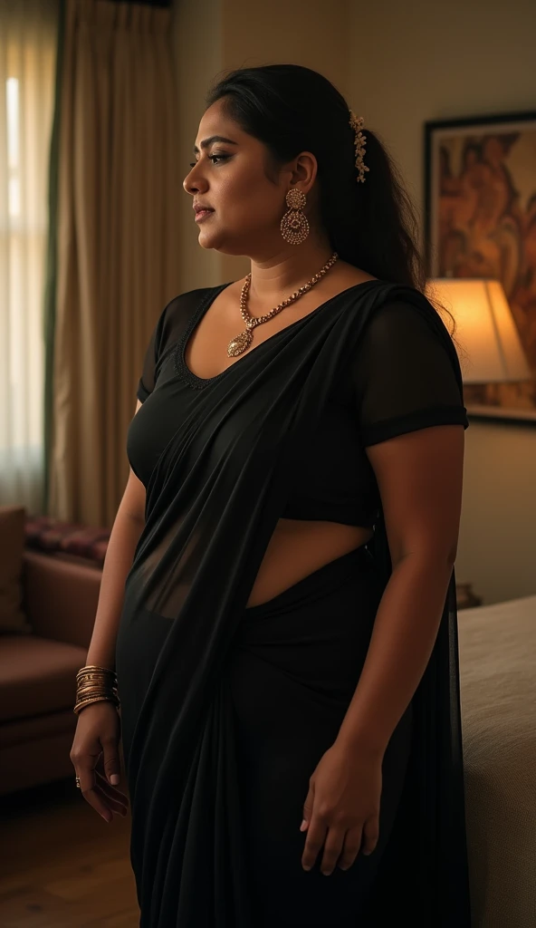 A indian plus size sexy aunty wearing dark grey blouse and dark red saree , she has big wide belly and fat legs
