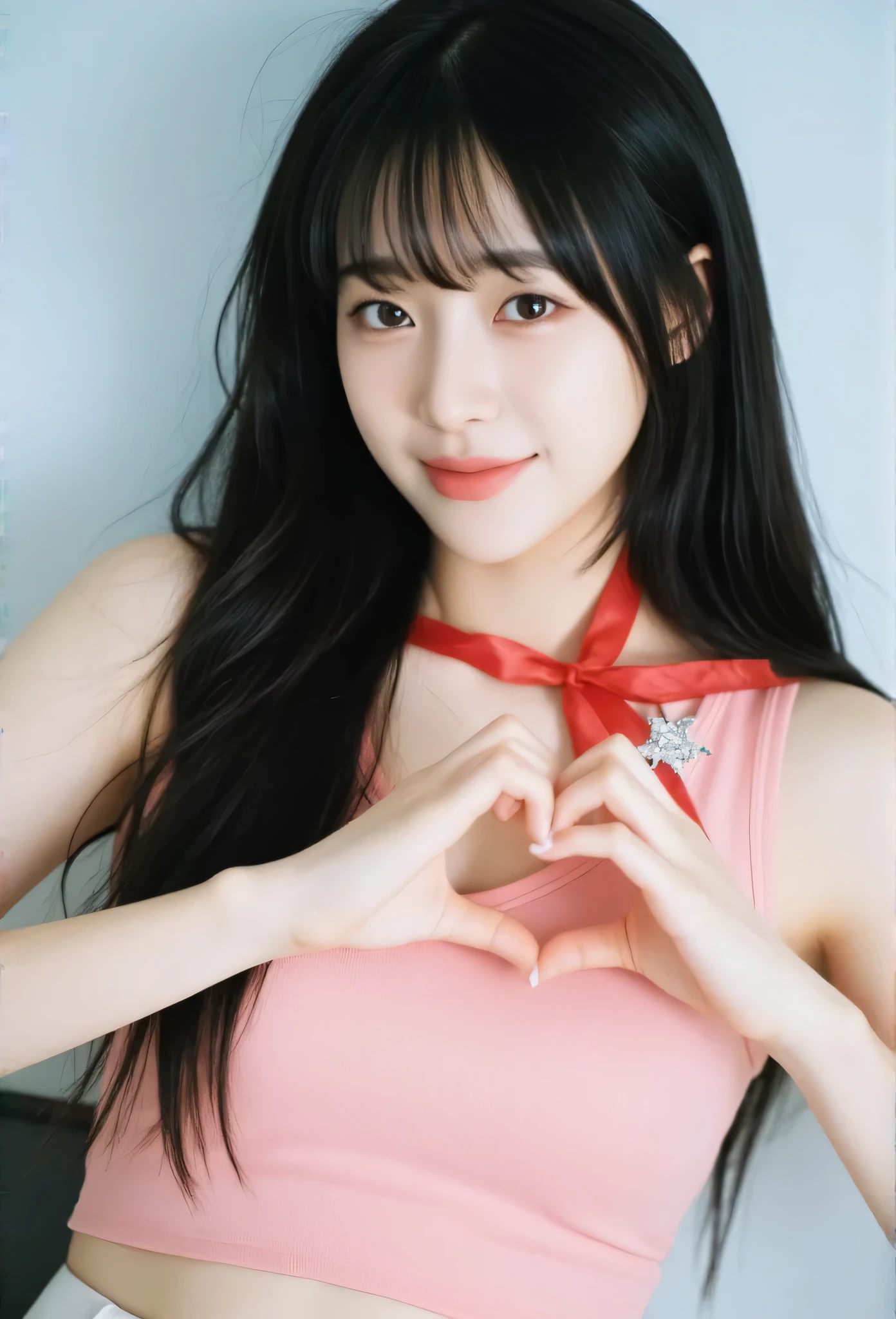 masterpiece, best quality, A young, vey thin body, Korean woman with long straight black hair and blunt bangs smiles at the camera. She have light-brown eyes, she wears a pink top, sleeveless, adorned with a diamond star brooch and a red ribbon tied around her neck. Her hands form a heart shape in front of her chest, showcasing long, expertly manicured nails. A high-waisted white pants. The background is softly blurred, focusing attention on her pose and expression.