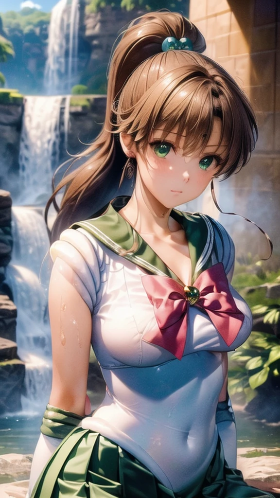 (((masterpiece))), (((High resolution)))、(((8K quality)))、(((Perfect Face)))、 , Looking into the camera, ((最high qualityの目)), (Detailed face), (Detailed Texture), Sailor Jupiter Cosplay Costume、One Girl, Alone, High resolution, Anatomically correct, 最high quality,Please draw the whole body 、My breasts are a little small、White long gloves、Green Skirt、(((By the waterfall、On my knees、Soaking wet)))、One Girl, Alone, High resolution, Anatomically correct, 最high quality, High resolution, masterpiece, 最high quality, Very detailed, 超High resolution, Textured skin, high quality, High resolutionモデル, Armpit