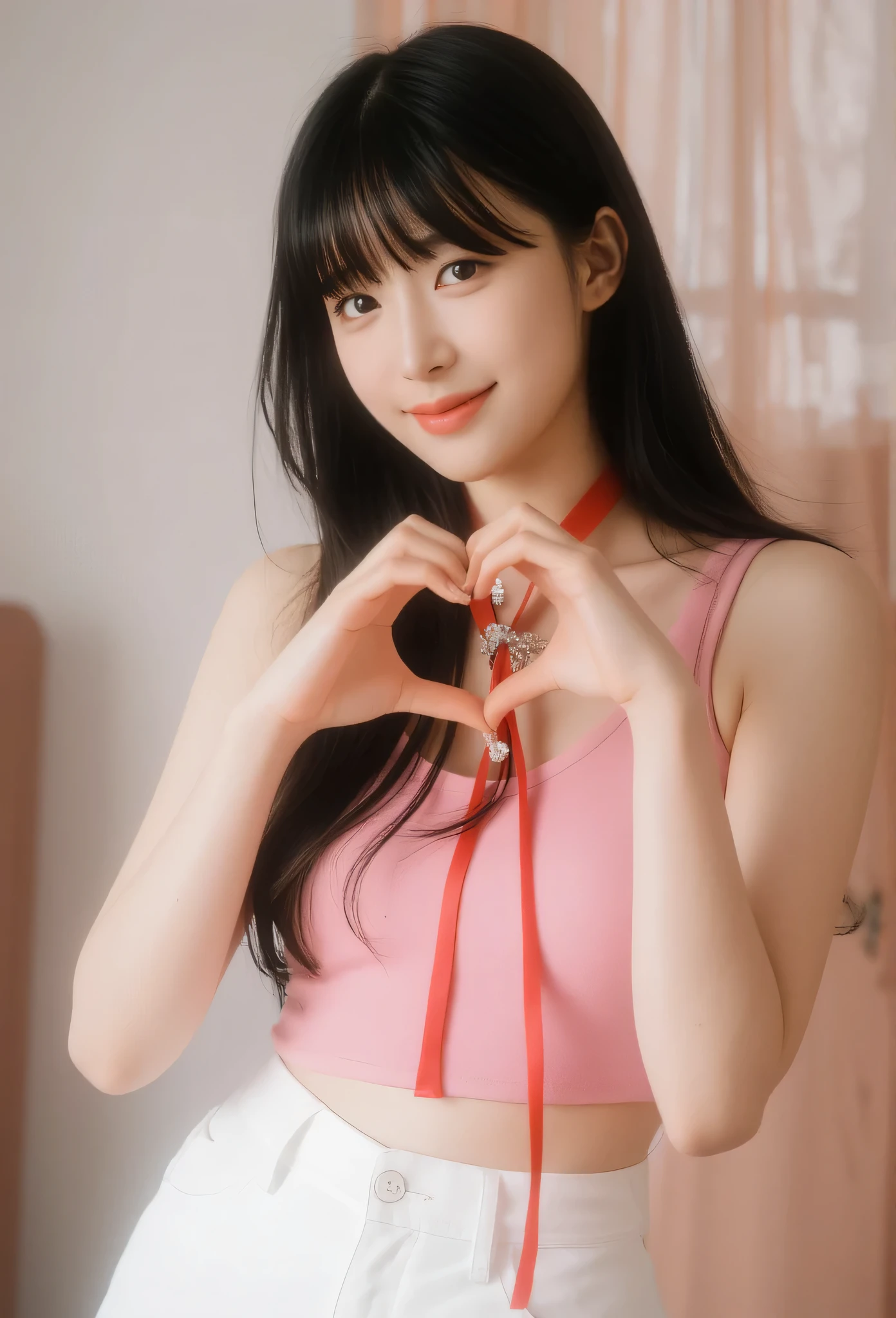 masterpiece, best quality, A young, vey thin body, Korean woman with long straight black hair and blunt bangs smiles at the camera. She have light-brown eyes, she wears a pink top, sleeveless, adorned with a diamond star brooch and a red ribbon tied around her neck. Her hands form a heart shape in front of her chest, showcasing long, expertly manicured nails. A high-waisted white pants. The background is softly blurred, focusing attention on her pose and expression.