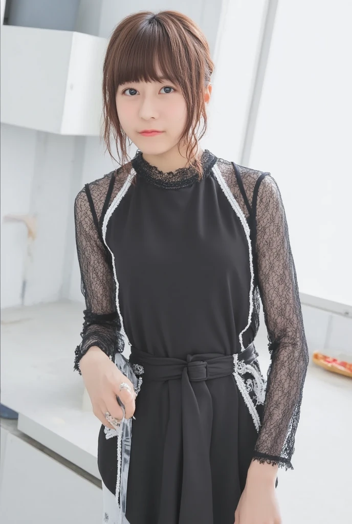 (Photorealistic), (ultra high realistic), (Ultra high definition), (ultra high detailed), (Increase contrast), (Increase saturation), (14 years old girl、a small face、Extremely beautiful face, natural make up)(fair white skin)(sparkly eyes)A pretty woman with perfect figure, innocent smiles,, (Lifelike face), a short bob、Hair hanging over the ears, (Tight black knit miniskirt dress、I can see the cleavage)(((White knee high boots)))japanese cute idol, I can see the cleavage) Brown hair,((Stylish café))、((Standing、facing back、Looks Back))Beautiful valley、beutiful breast、thin-waist、big butts、Knee-deep angle、left hand on hips
