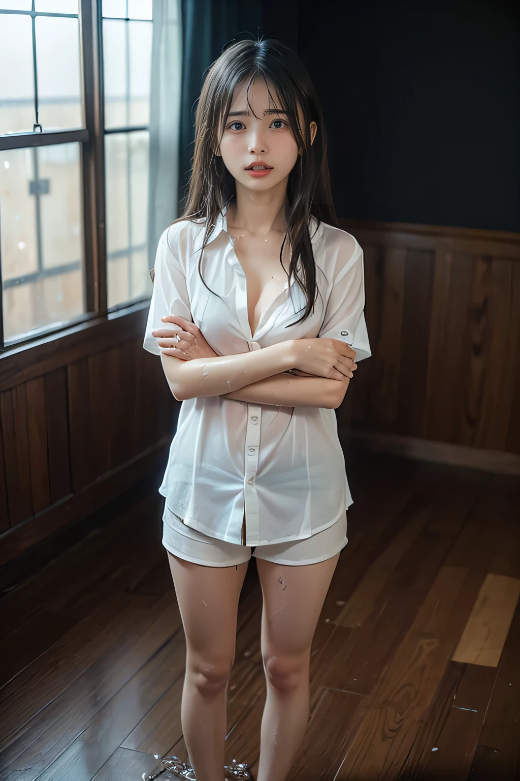 adorable, 1 girl, solo, 10 years old, baby face, happy, (face details: 1), (eye details:1), ((medium breasts)), slim body, wearing transparent long shirt, (white button down shirt:1.4), Cute posed, proportional body, Ultra High Res, realistic: 1.4, UHD, (Upside-down fishtail braid Hairstyle), full body:1.4, plain white background, crouching, sexy pose, see through skin panties, no pants, (slim legs:1.6), barefoot,