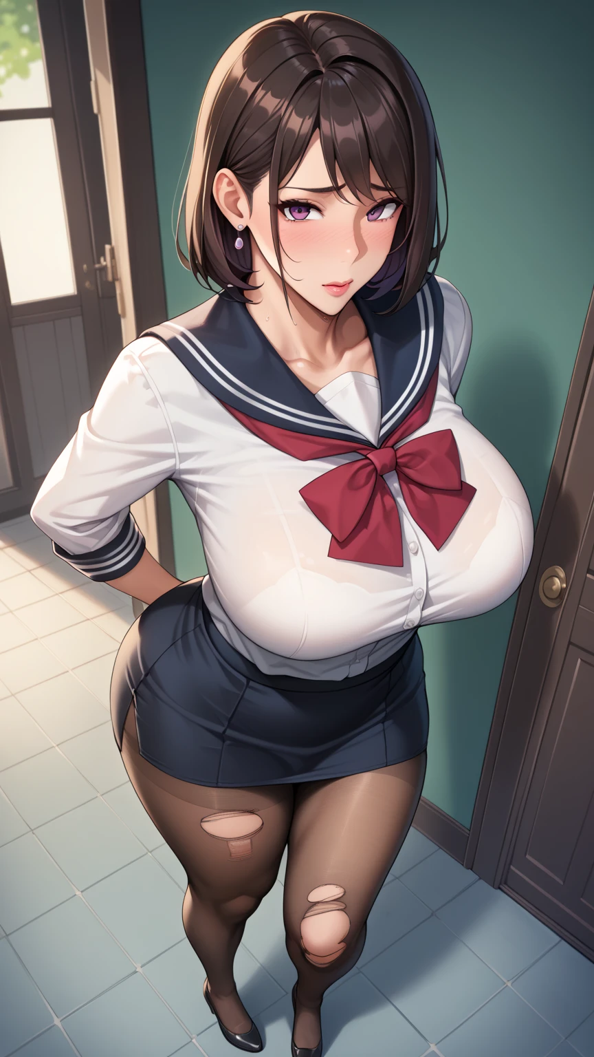 (Highest quality、Masterpiece、Very detailed、4K)、One Woman、、(Super big breasts)、(school uniform)、skirt、blazer、(standing split)、((((Panty Zoom))))、Sweaty、((((Climax))))