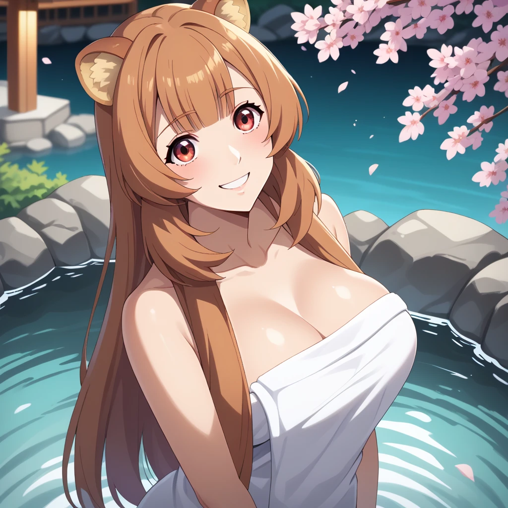  score_9,  score_8_above,  score_7_above, 1 girl, Alone, Hermosa waifu, , high, Sexy woman, (raphtalia, Orange hair red eyes,  animal ears, smile, , big breasts, choke:1.2), Exhausting (white towel:1.1), neckline,  detailed eyes ,  detailed face , flirt, (pose sexy:1.2), standing, in beautiful Kyoto Onsen ,  cherry blossoms , low light, (Evening:1.2),  shallow depth of field
