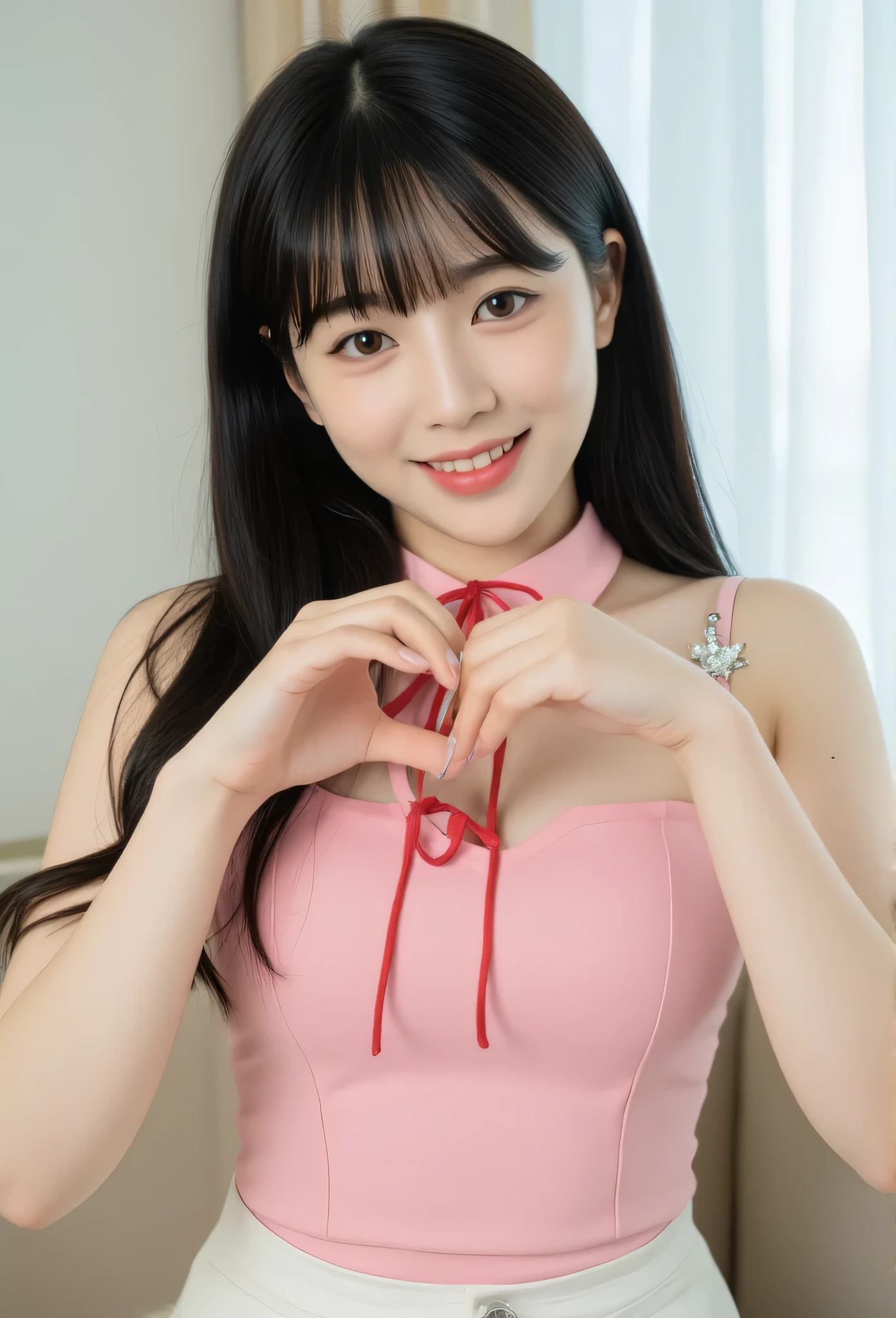 masterpiece, best quality, A young, vey thin body, Korean woman with long straight black hair and blunt bangs smiles at the camera. She have light-brown eyes, she wears a pink top, sleeveless, adorned with a diamond star brooch and a red ribbon tied around her neck. Her hands form a heart shape in front of her chest, showcasing long, expertly manicured nails. A high-waisted white pants. The background is softly blurred, focusing attention on her pose and expression.