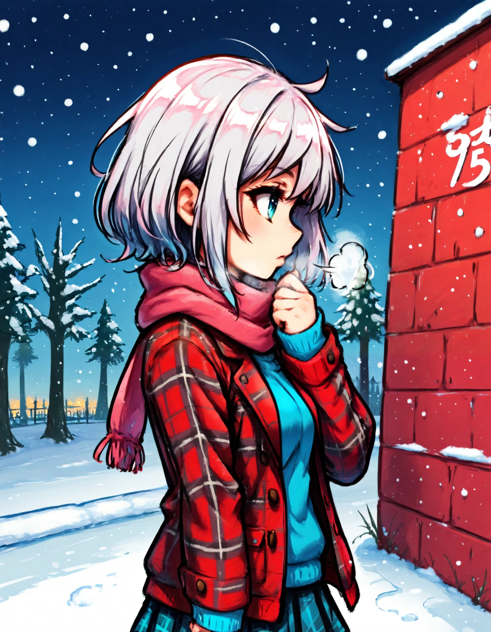 solo, colorful, 1girl, jacket, long sleeves, plaid, plaid jacket, profile, scarf, silhouette, sleeves past wrists, snowing, short hair, hand up, red theme, skirt, solo, looking afar, from side, masterpiece, best quality, newest, very awa