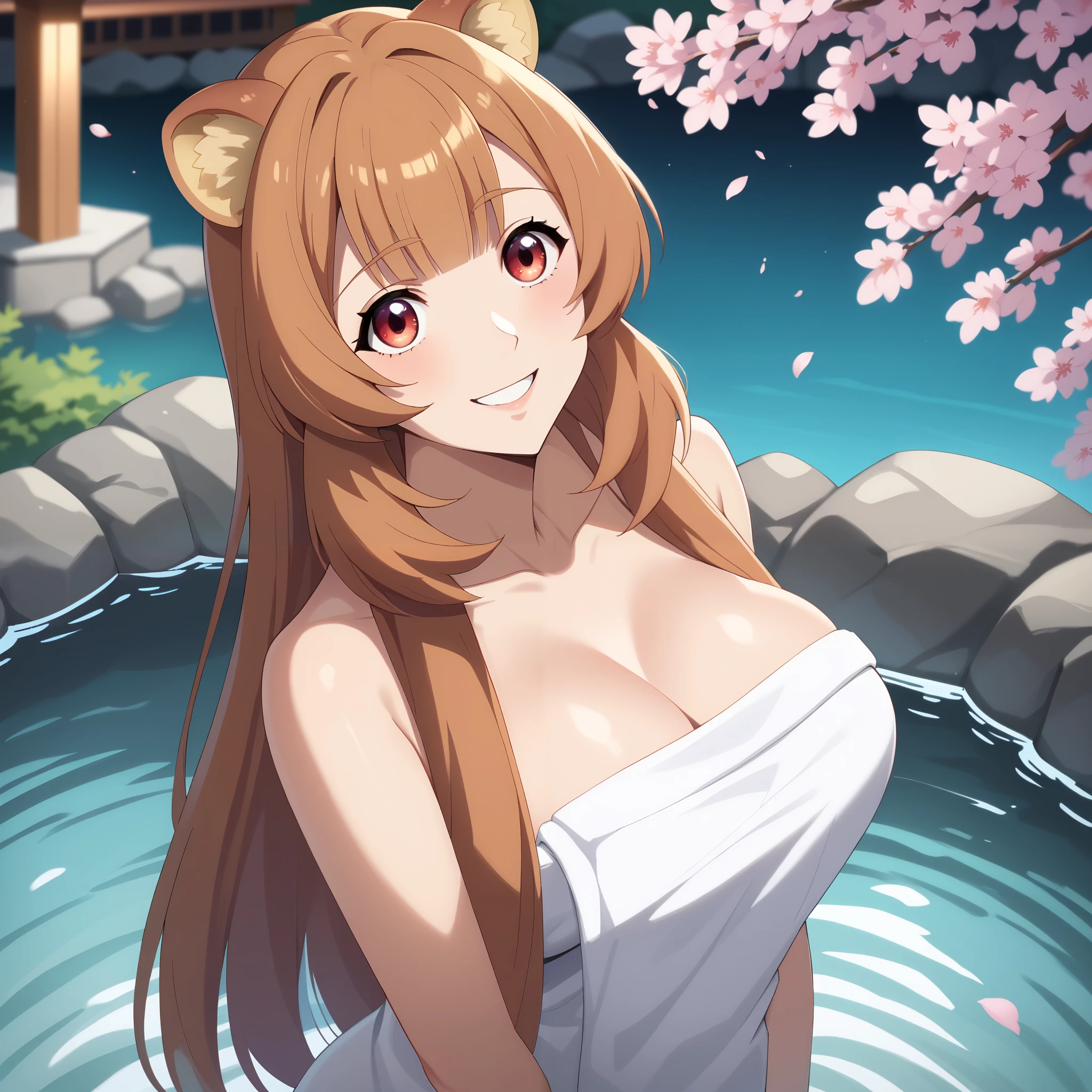  score_9,  score_8_above,  score_7_above, 1 girl, Alone, Hermosa waifu, , high, Sexy woman, (raphtalia, Orange hair red eyes,  animal ears, smile, , big breasts, choke:1.2), Exhausting (white towel:1.1), neckline,  detailed eyes ,  detailed face , flirt, (pose sexy:1.2), standing, in beautiful Kyoto Onsen ,  cherry blossoms , low light, (Evening:1.2),  shallow depth of field
