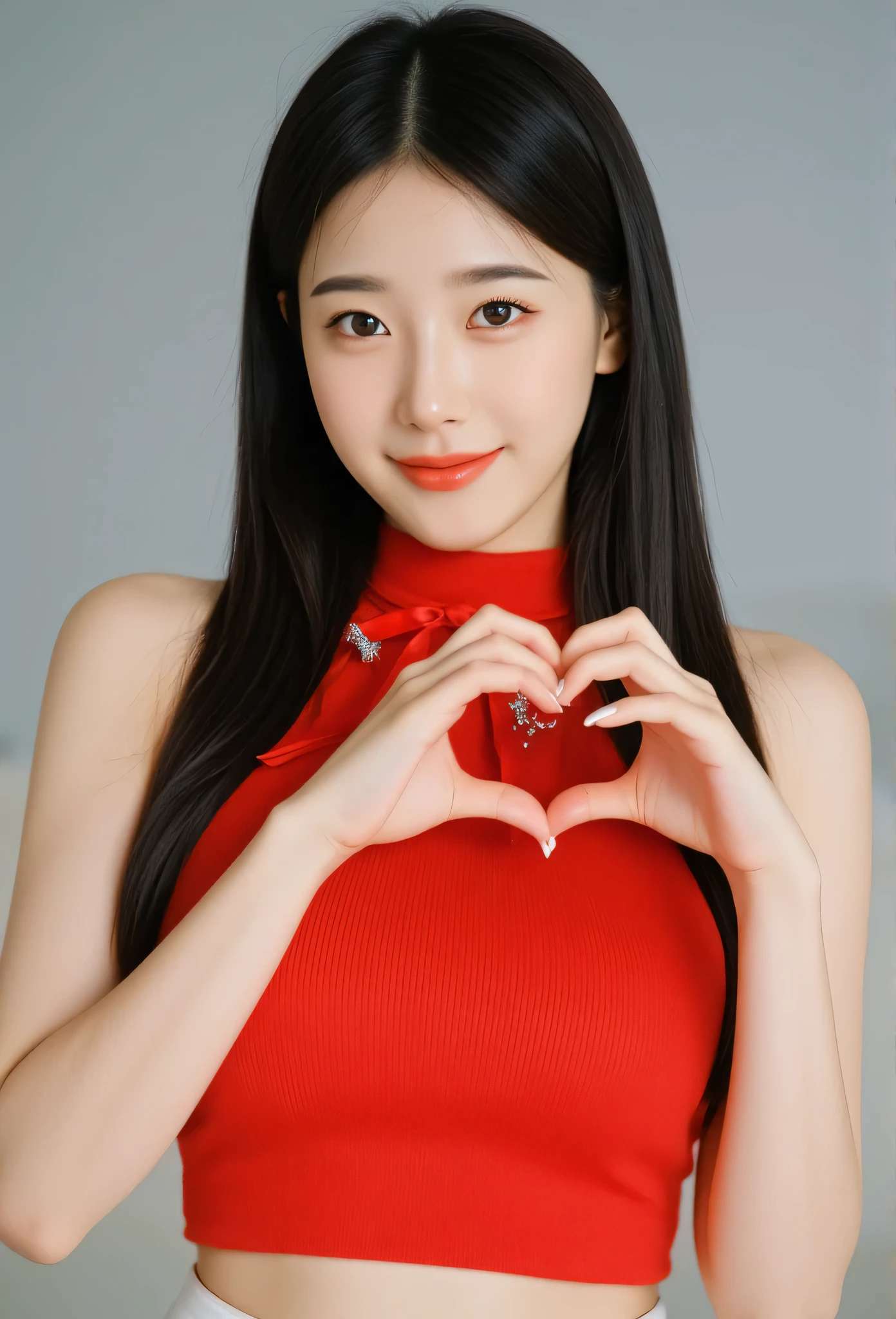 masterpiece, best quality, A young, vey thin body, Korean woman with long straight black hair and blunt bangs smiles at the camera. She have light-brown eyes, she wears a red top, sleeveless, adorned with a diamond star brooch and a red ribbon tied around her neck. Her hands form a heart shape in front of her chest, showcasing long, expertly manicured nails. A high-waisted white pants. The background is softly blurred, focusing attention on her pose and expression, soft light,