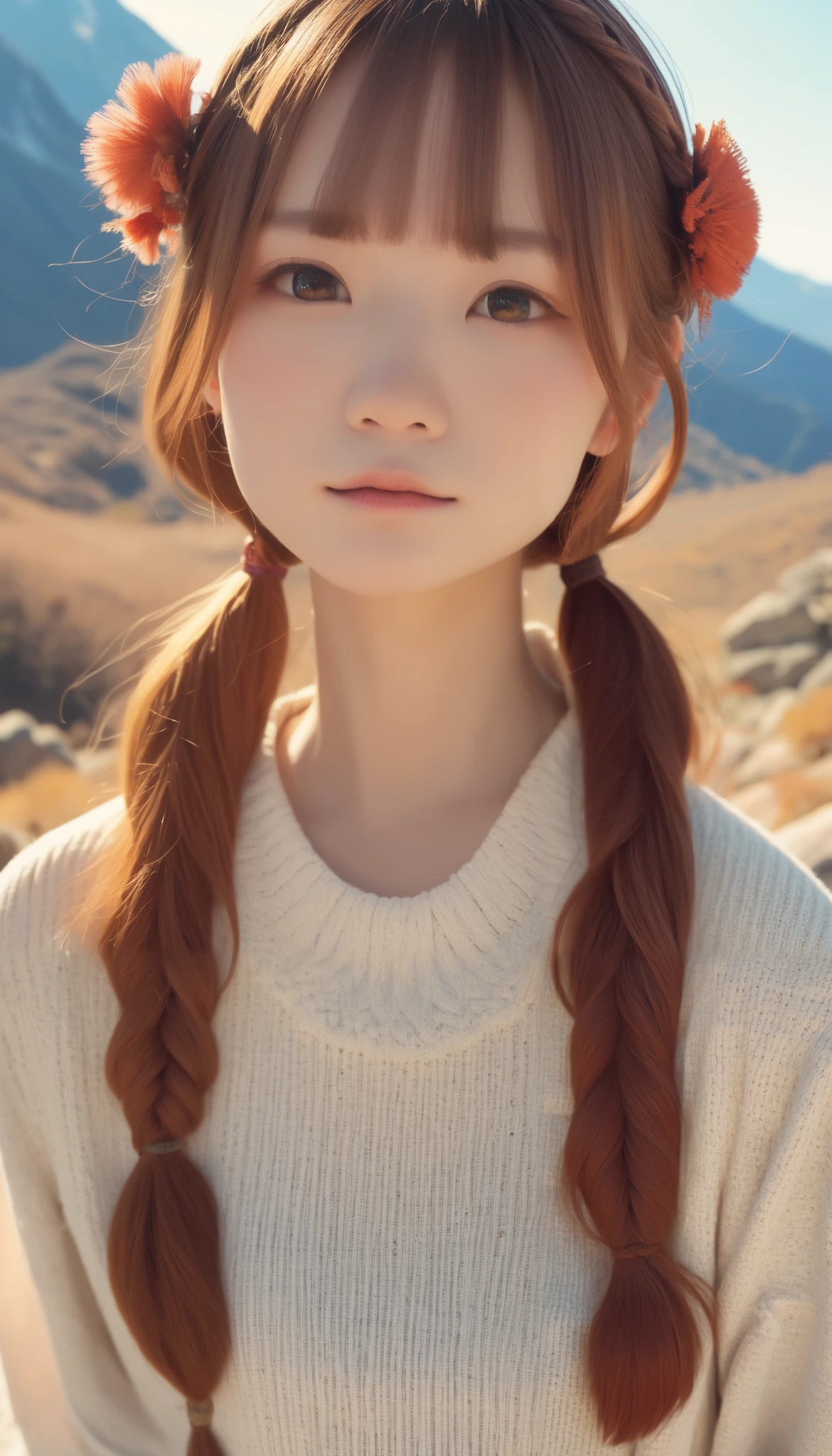 top quality, absurd , ultra detail , In the mountains_this, Japanese Girl, solo、 One Girl 、 one girl , Alone_concentrated, Hair Down