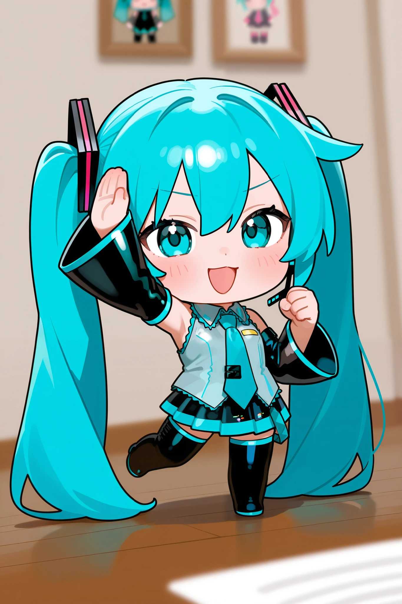  photorealistic 、Chibi Miku （Thumb up your right hand while doing a comical pose）