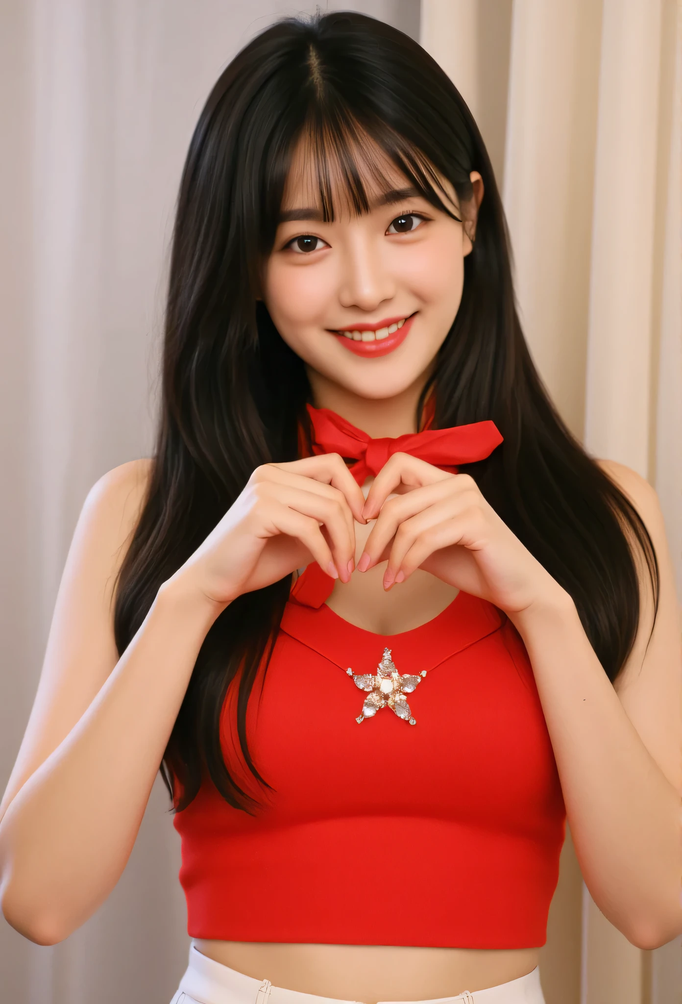 masterpiece, best quality, A young, vey thin body, Korean woman with long straight black hair and blunt bangs smiles at the camera. She have light-brown eyes, she wears a red top, sleeveless, adorned with a diamond star brooch and a red ribbon tied around her neck. Her hands form a heart shape in front of her chest, showcasing long, expertly manicured nails. A high-waisted white pants. The background is softly blurred, focusing attention on her pose and expression, soft light,