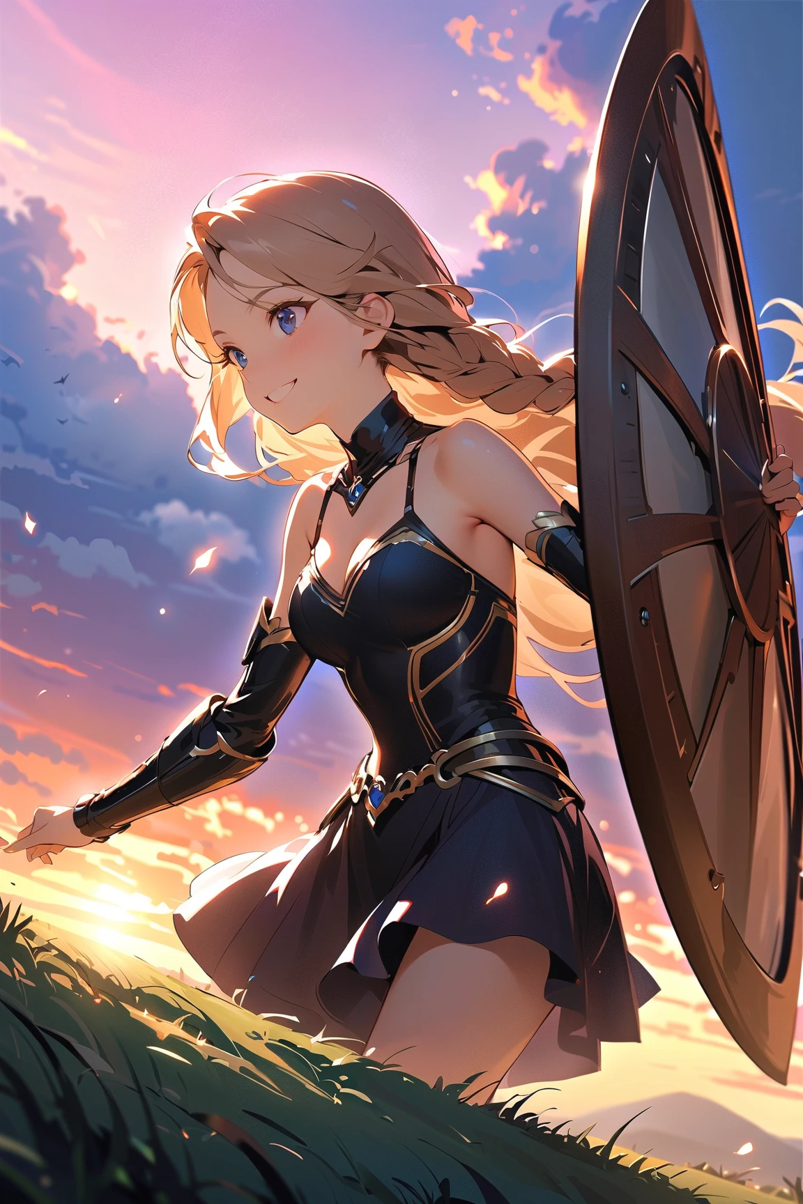 (Absurdres, master piece, best high quality image, very detailed features, very detailed textures, carefuly detailed with no deformed parts in all the artwork), only solo character, full body deding, standing alone.
A 40 years old beautiful woman, she has fair skin, blue eyes, yellow blonde golden long hair tied in a high ponytail with a long crimson ribbon, voluptuous figure, big breasts, (she wears: grey leotard covered by a light blue combat padded bra and a light blue short skirt, light blue long leather spandex boots, light blue long sleeves and padded gloves, dark blue steel shoulderpads), She is holding with both hands a silver and red colored long sword with a red magical blade. She is fighting and has furious expression and screaming with anger.
City ruins during a battle between knights against samurais.
