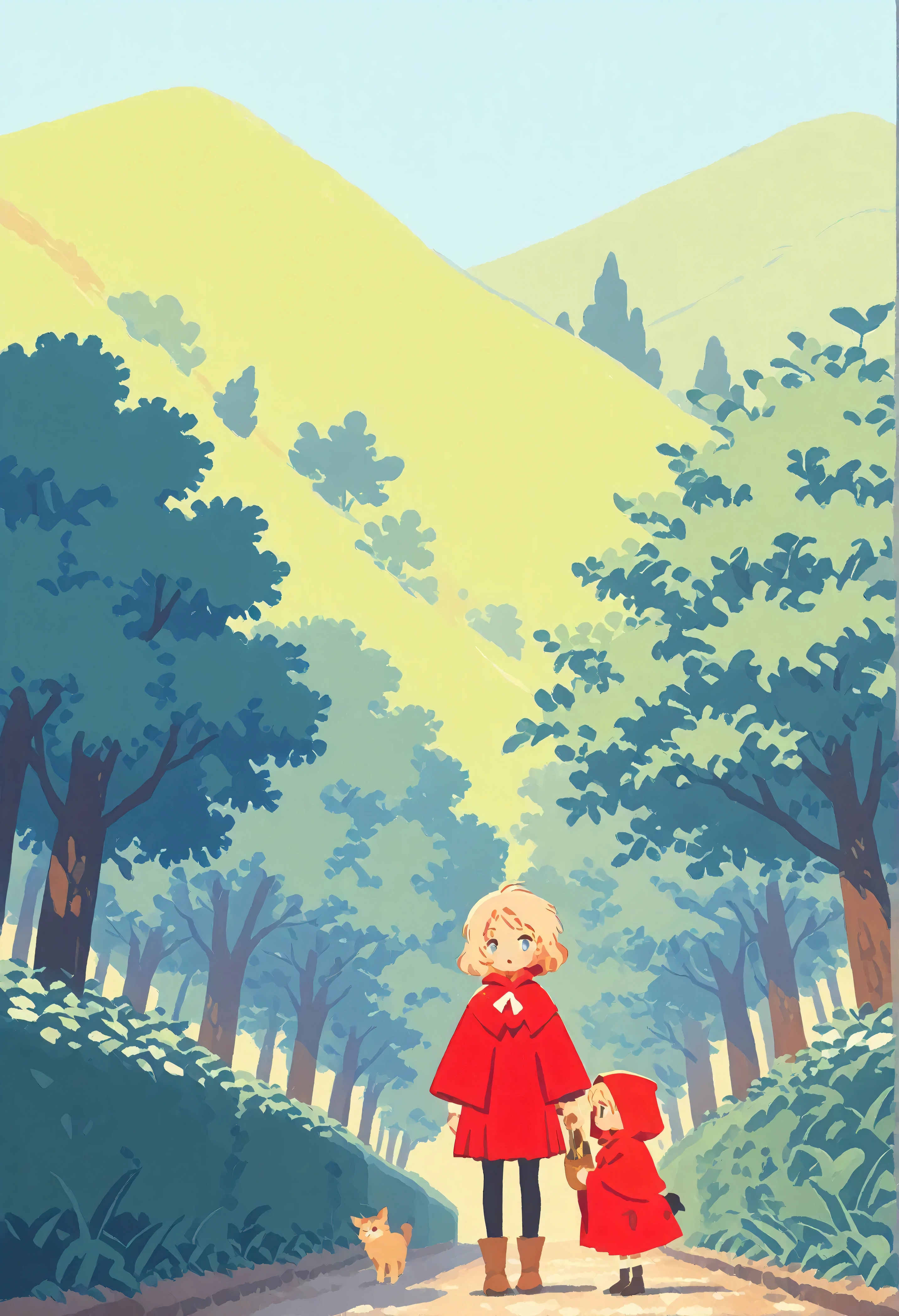 postcard design, story of Little Red Riding Hood, flat Design, anime, vector illustrations, graphic illustration, detailed 2d illustration, flat illustration, digital illustration, digital artwork,