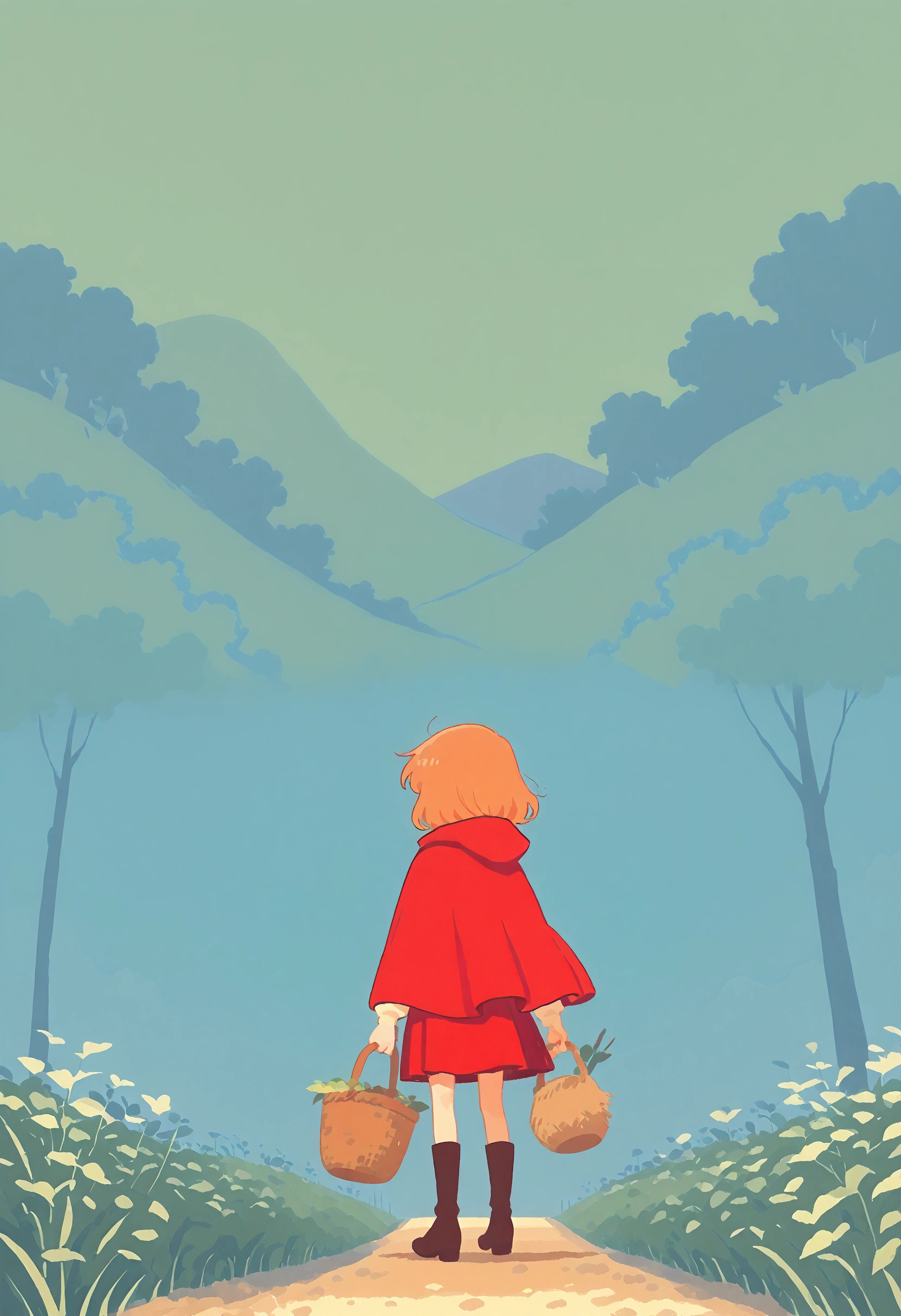 postcard design, story of Little Red Riding Hood, flat Design, anime, vector illustrations, graphic illustration, detailed 2d illustration, flat illustration, digital illustration, digital artwork,