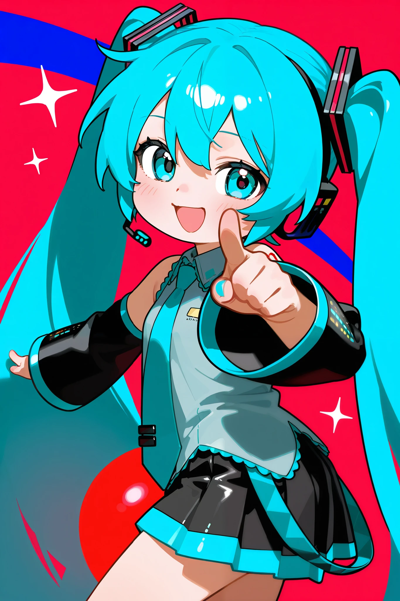  photorealistic 、Chibi Miku （Thumb up your right hand while doing a comical pose、Close your left eye）