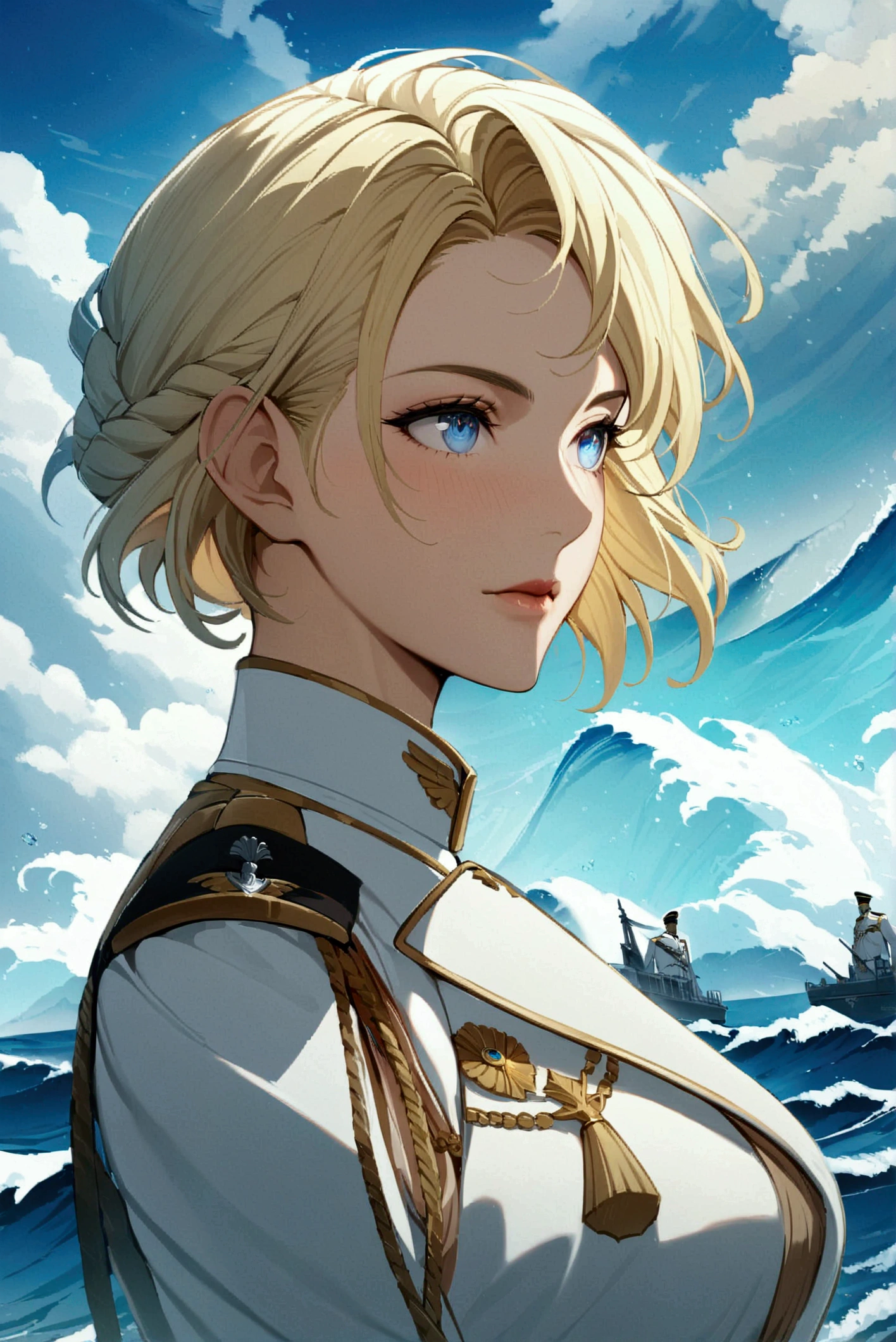 (masterpiece, best quality), mature, aged up:1.4, tall muscular girls, broad shoulders, finely detailed eyes and detailed face, extremely detailed CG unity 8k wallpaper, intricate details, Fantasy, royal, nobleman, Admiral, short hair, blonde hair, blue eyes, fleet commander, navy, commander, white uniform, ocean, cloudy sky, wave