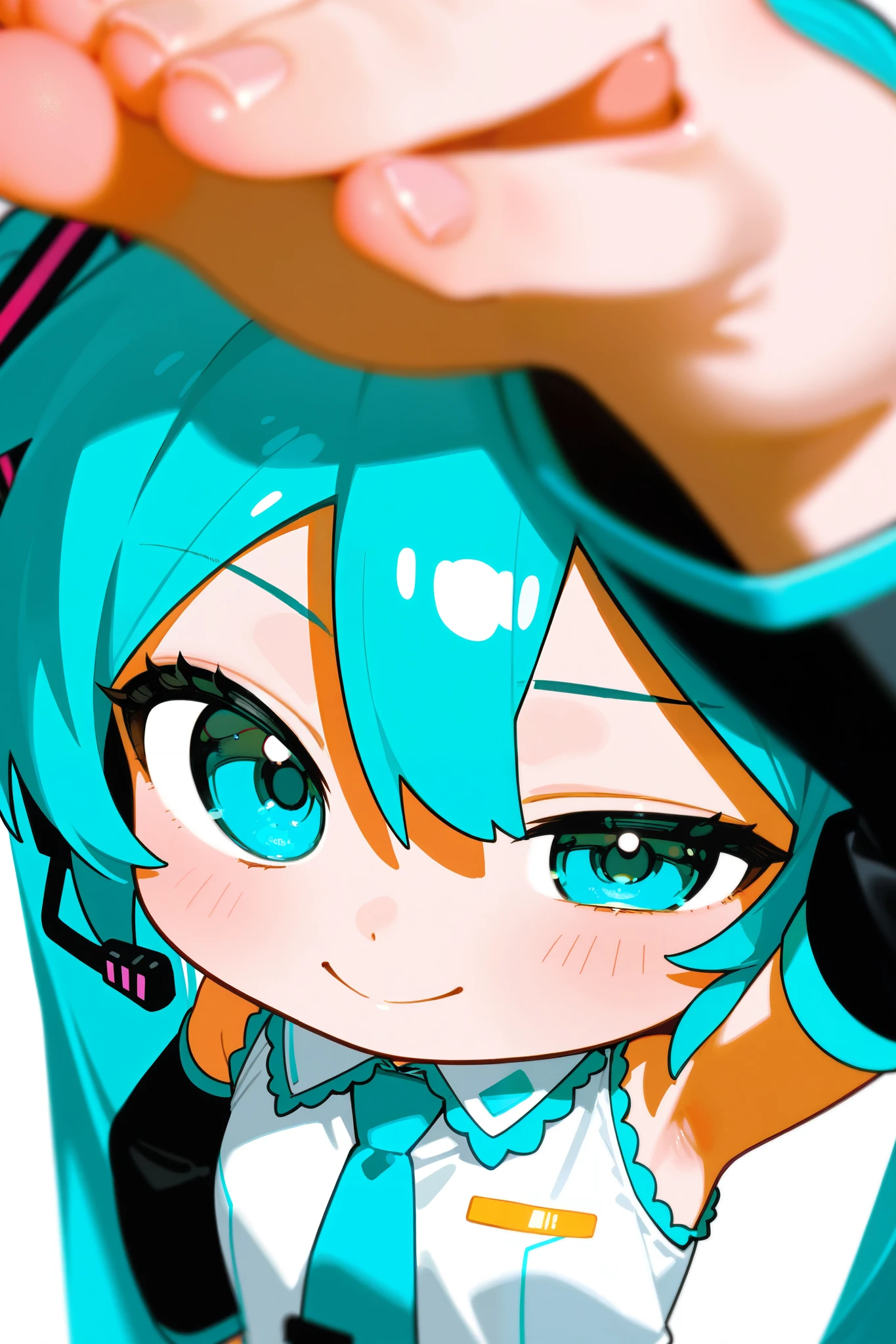  photorealistic 、Chibi Miku （Thumb up your right hand while doing a comical pose、Close your left eye）