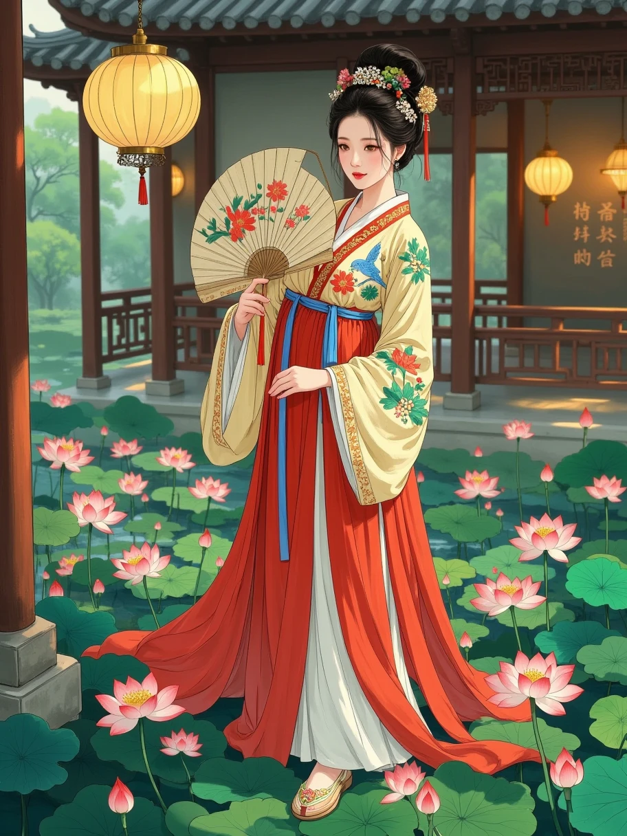 Surrealism full body portrait, stunning delicate and refined Chinese woman stands in a quiet garden, holding a magnificent, exquisitely crafted luxurious fan that covers the lower part of her face, and her eyes are open; the fan has an elegant lattice, unique coloring, interweaving of bright feathers and silk tassels that sparkle in the soft golden light of a traditional Chinese lantern, the majestic beauty of the fan, the refined features of the woman's face, her striking gaze, evoke the unrivaled elegance and mystery of the East.
She is dressed in a luxurious traditional Chinese long gown, intricately embroidered with exquisite floral and bird patterns, vibrant in color and rich in detail, showcasing superb craftsmanship. The cuffs and collar of the gown are adorned with delicate gold thread trim, adding a touch of opulence. Around her waist is a silk sash, embellished with intricate jade ornaments and tassels that sway gently with her movements.
On her feet, she wears a pair of finely embroidered shoes, featuring floral designs that echo the motifs on her gown. The shoes have slightly upturned toes, exuding a classical charm. The color of the shoes harmonizes perfectly with her attire, creating an elegant and cohesive overall appearance.