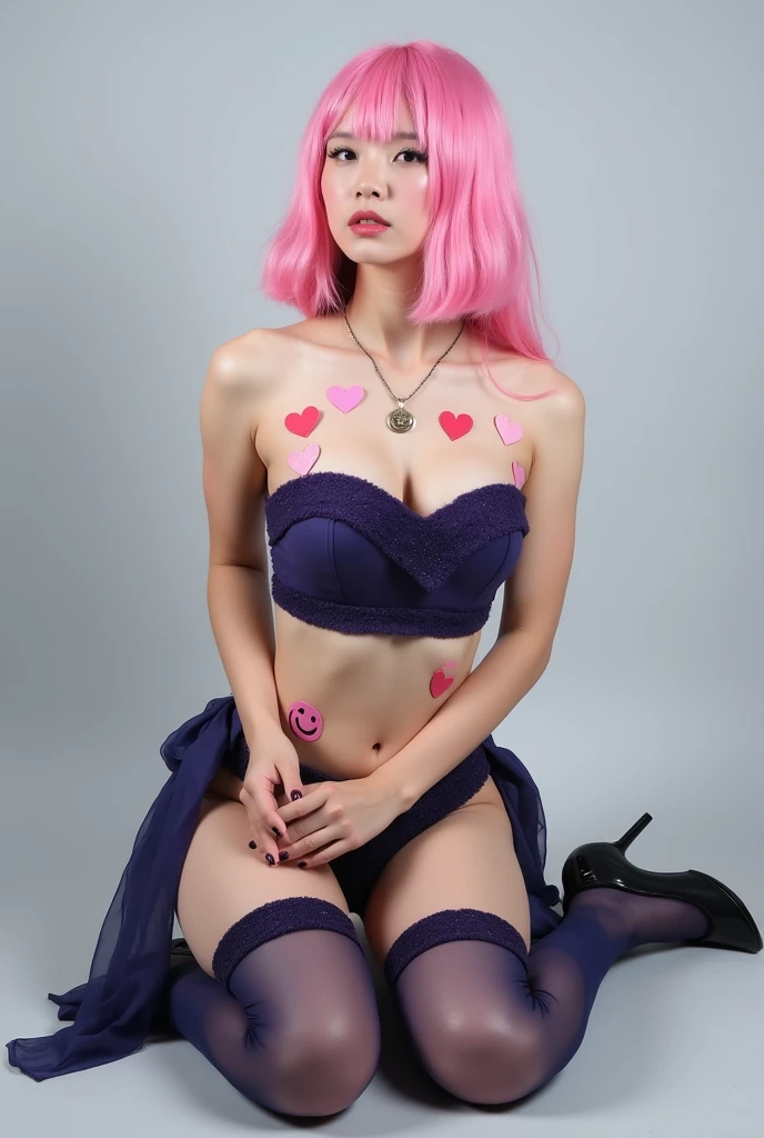 (realistic, highest quality: 1.4),(woman,smile(Blue hair,pink streaked hair,fluffy bob cut)),((Show your armpits)open your legs)((iron corset 1.5)lace underwear,Lace embroidery,headdress,choker,gloves up to the elbow,garter stockings,cloak),(garden,colorful flowers)