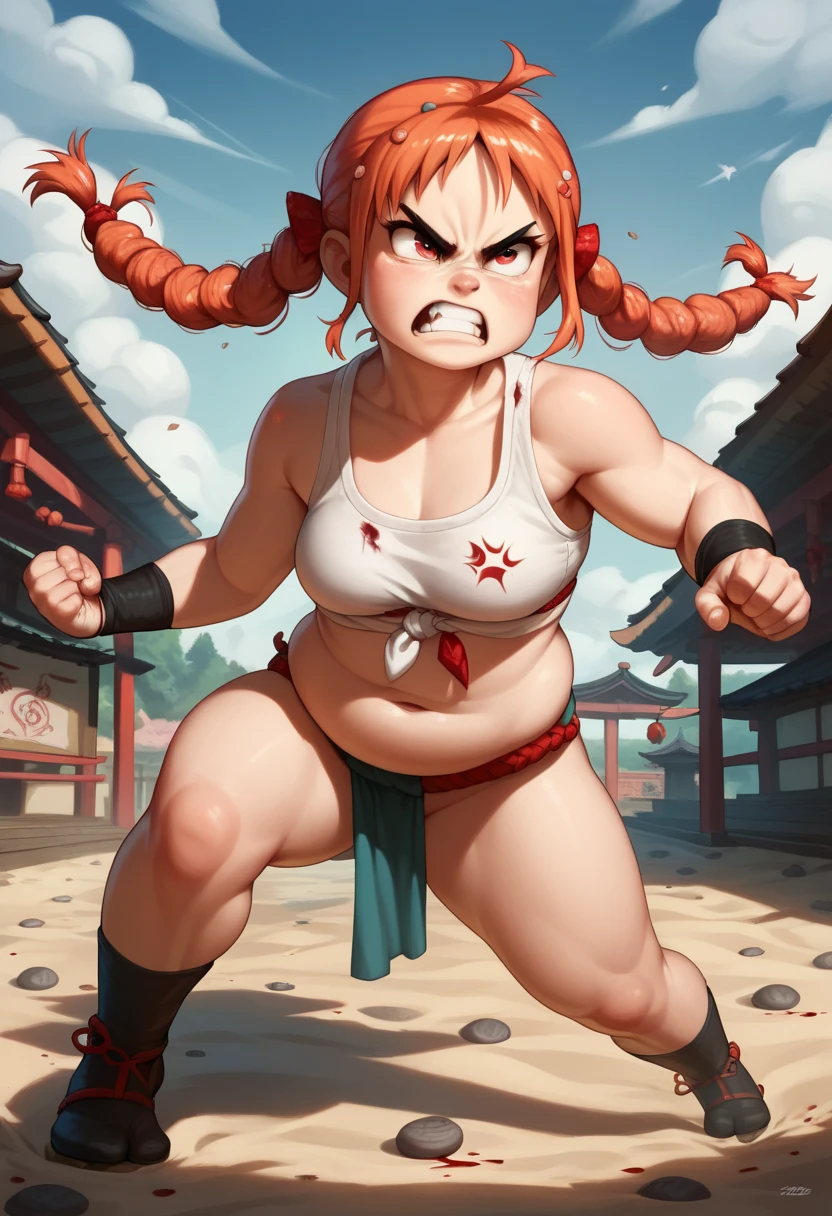  Chubby  naked redheads With rainbow pigtails, fighting a powerful double ,  angry in a dojo full of sand , with blood on his face.