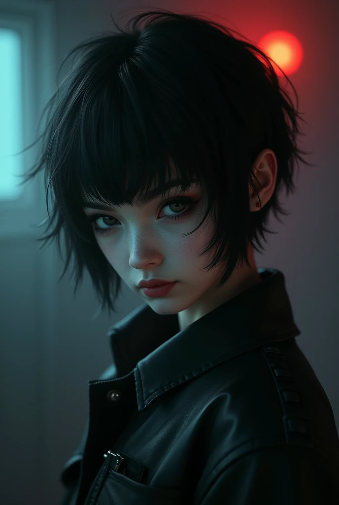 A girl with short hair black gothic with nose and lips piercings