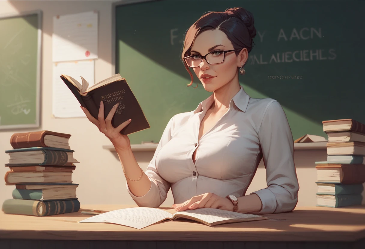 (a tall woman with glasses:1.1,hair tied up:1.1,reading a book:1.1,standing:1.1,completely nude,flat chest,nipples,really hairy pussy,concern expression,teacher,standing behind blackboard:1.2),oil painting,vivid colors,warm tones,soft lighting,ultra-detailed,fine brushstrokes,dramatic composition,realistic,photorealistic:1.37,historical,classical,portrait painting,classic style,subdued background,bookshelf in the background,wooden floor,warm library ambiance,wisdom