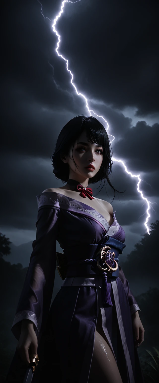 Goddess of thunder and lightning, Majestic and Regal demeanor, wet and beautiful woman , badass and magnificent bearing, exquisitely detailed and life-like, Ultra HD, Photorealistic portrait, heavy winds and rain, epic lighting and shadows, glowing lightning filled purple eyes, symmetrical and aesthetically pleasing, 1girl, Raiden Shogun Ei from genshin impact, extremely detailed goddess of death, highly detailed kimono, extremely detailed and revealing gothic off-shoulder kimono, dark and stormy night, lightning blazing in the skies, extremely detailed and realistic skin, extremely detailed medium perky breasts, dramatic cinematic lighting, intricate details, dramatic atmosphere,dark purple hair, dark moody lighting, lush garden background, dramatic colors, photorealistic, 8k, best quality, masterpiece, deep low-cut neckline showing décolletage, life-like and Photorealistic taken from a Leica m9 50mm 1.2 pouting kissable lips [holding a lighting engulfed Katana]