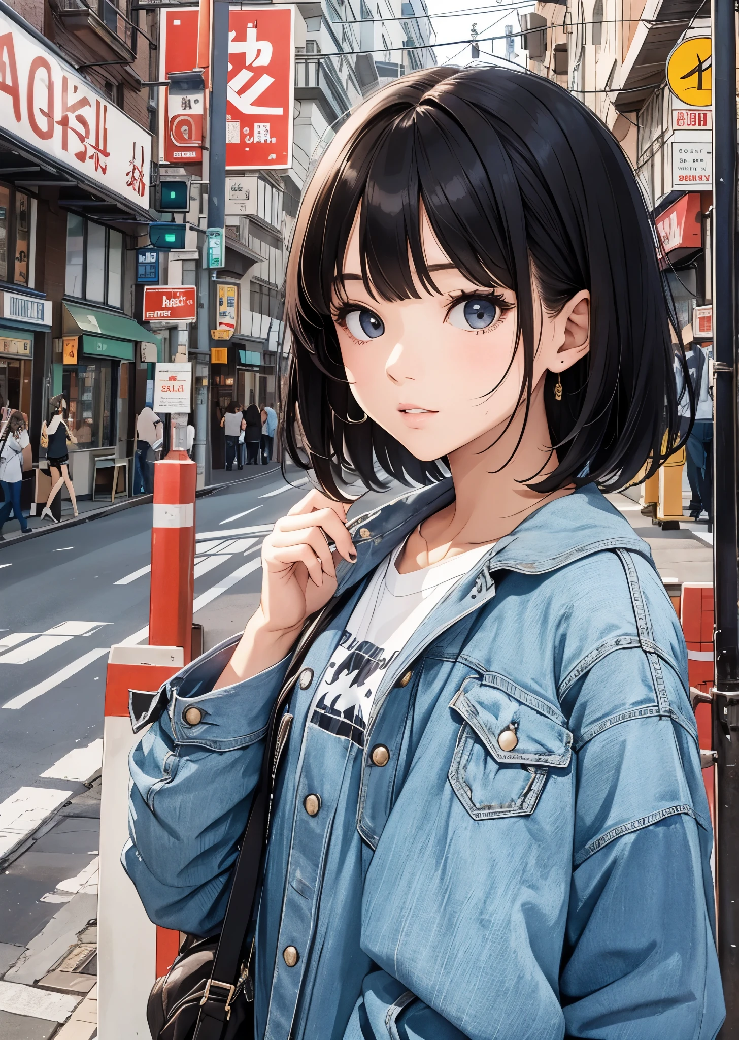 high school girl、 and 、solo、 black hair、 short bob hair、bangs、Huge 、 Casual Street Fashion 、