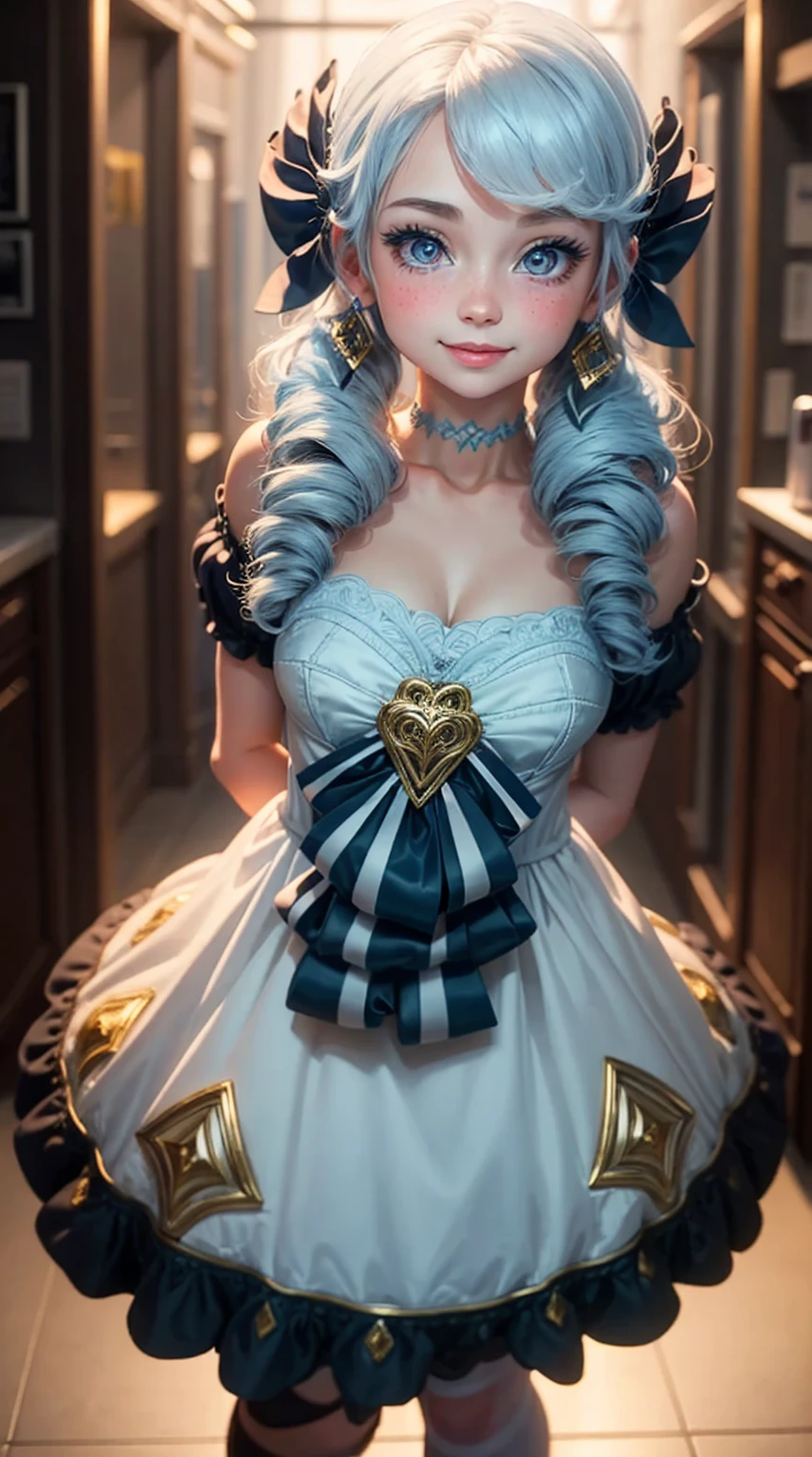 Seaside: 1.3, Cinema Lighting, Glitter, Light of God, Full Body Photo (from above), 16K, 8K, High Quality, Award-Award-Winning Award-Winning Skin, Best Quality, Textured Skin, A Girl (Mature Female), Maid Costume (Light Blue and White: 1.3), Hair Flower, Hair Bow, Lolita Headband, Heart-shaped Pupils, Glowing Eyes, Smile (Blush), Accurate Hand 1.3 (Right Hand, Delicate Hand), Right Hand Scissors (Light Blue, Clear Polymer), Left Finger Forward, Doll Tied Around the Waist: 1.3,