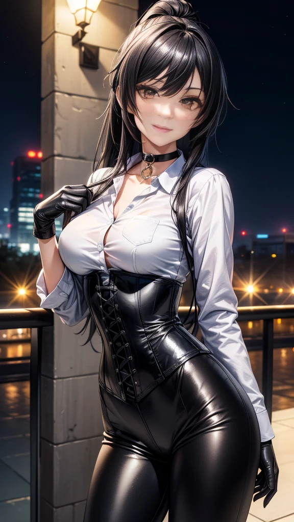 masterpiece, Superior image quality, High resolution, 4k image,photo and gross, photorealistic, whole body, 1 girl, fighting pose, big breasts, {{{vagina}}}, beautiful face, long black hair, blue eyes, very detailed eyes, cat ears, seductive expression, smile, Glasses, choker:1.6, (white collar button down long sleeve shirt), black gloves, gloves that cover hands, holds an ax in his hand, (shiny black leggings), Sensual Lips, show details in the eyes, front view, looking at the viewer, Mansion, at night