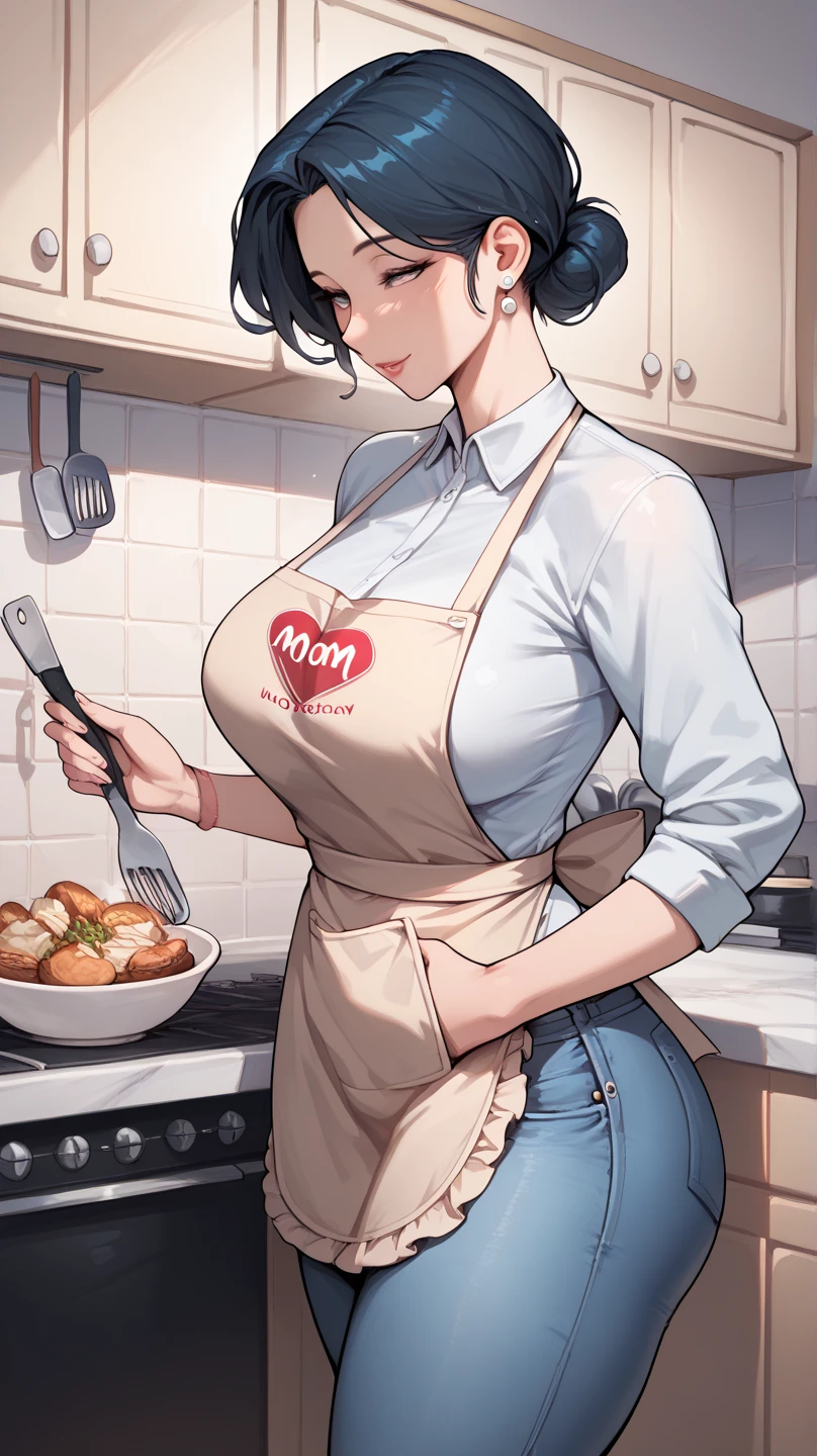 A beautiful Korean mom with thick thighs and black short hair, wearing a white shirt, apron, and jeans, in the kitchen. 