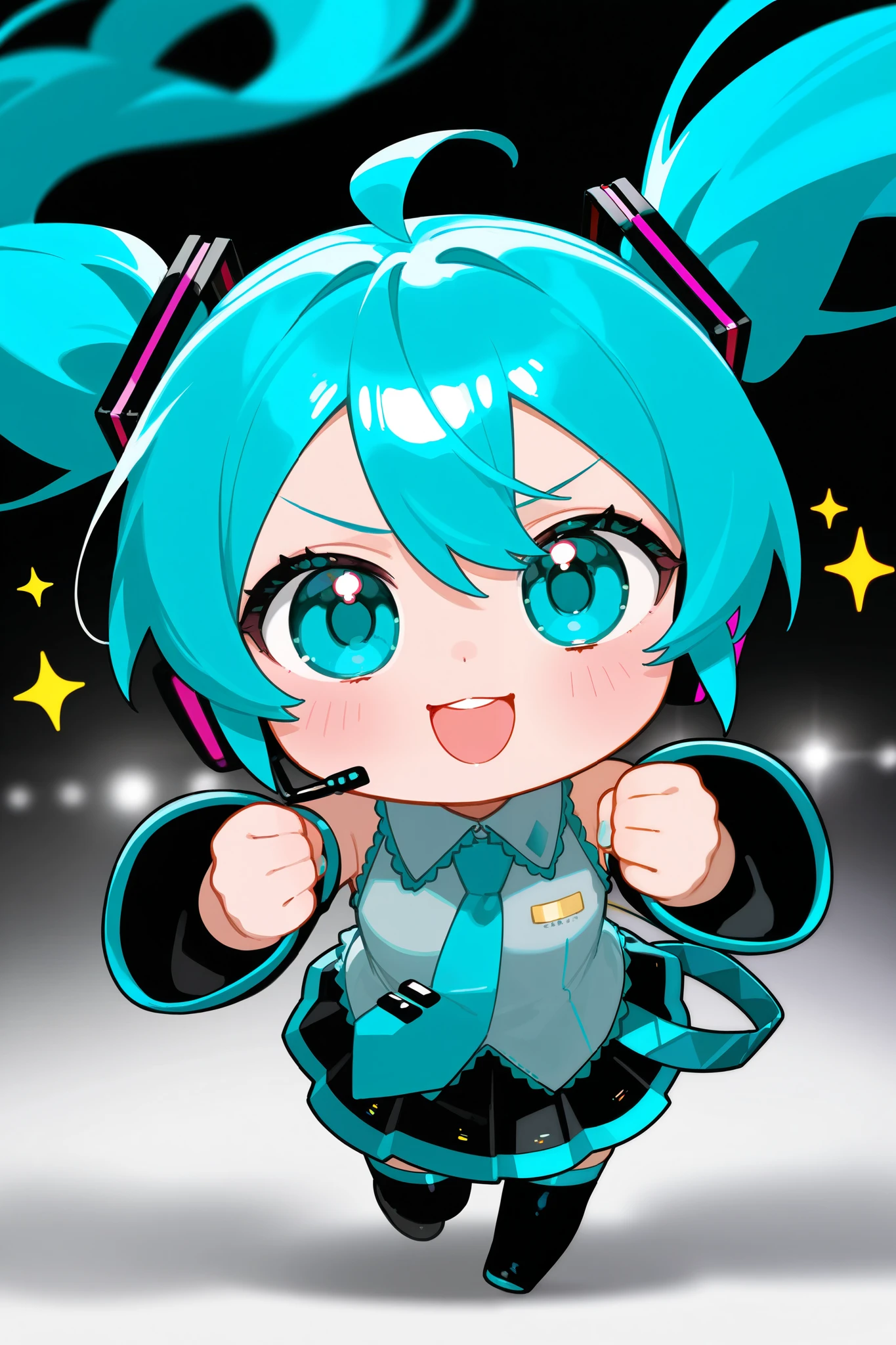  photorealistic 、Chibi Miku （Thumb up your right hand while doing a comical pose、Close your left eye）