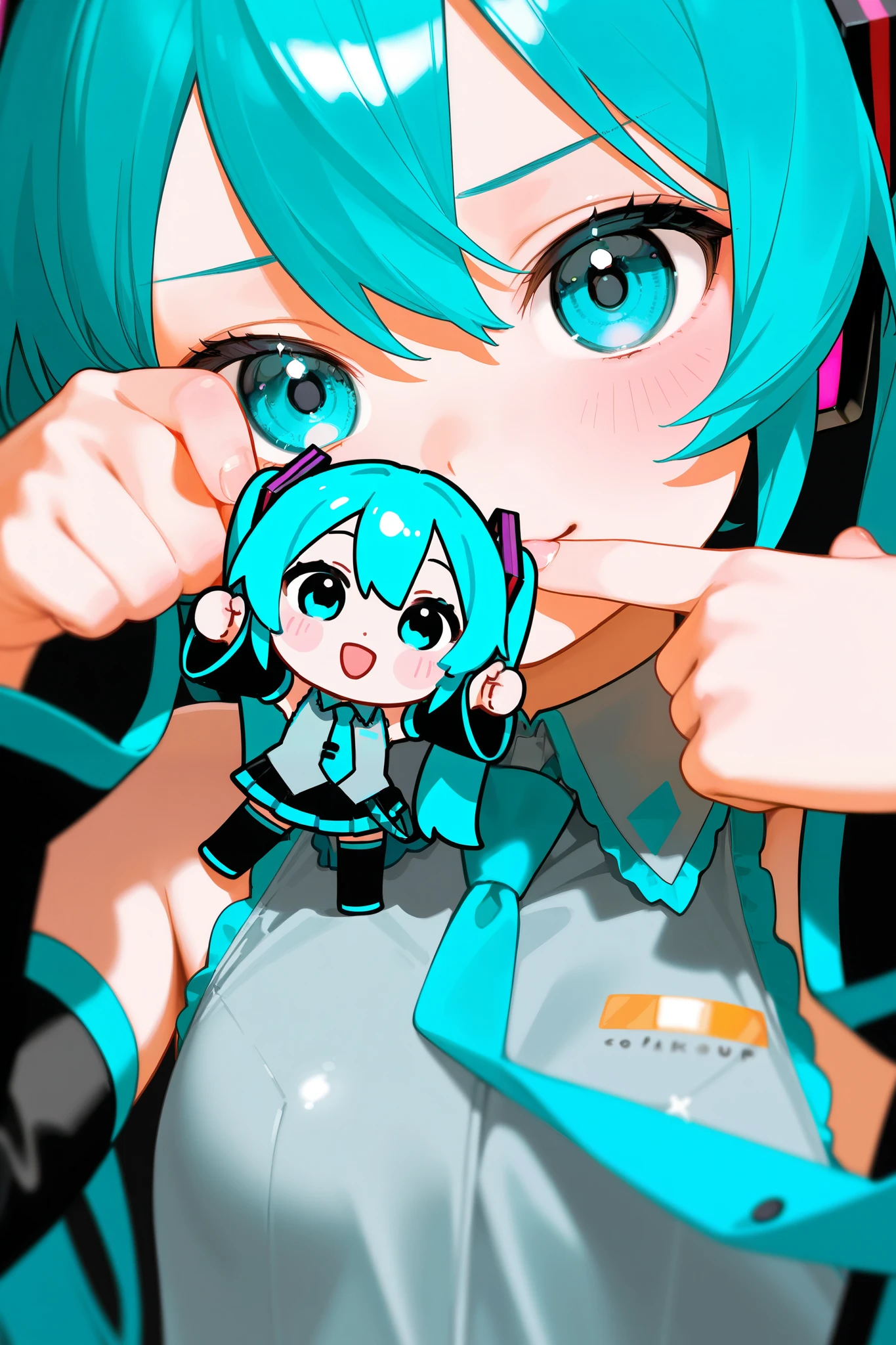  photorealistic 、Chibi Miku （Thumb up your right hand while doing a comical pose、Close your left eye）