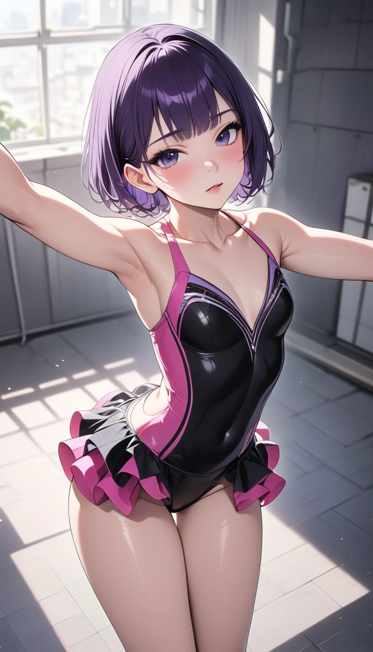 Anime boy with purple hair and blue leotard poses for photo, Violet High Leg Retard, Ecchi anime style, Seductive Anime Boy, He has purple hair, anime moe art style, vector shaded anime, In anime style, Shota in a leotard, Anime boys are squatting