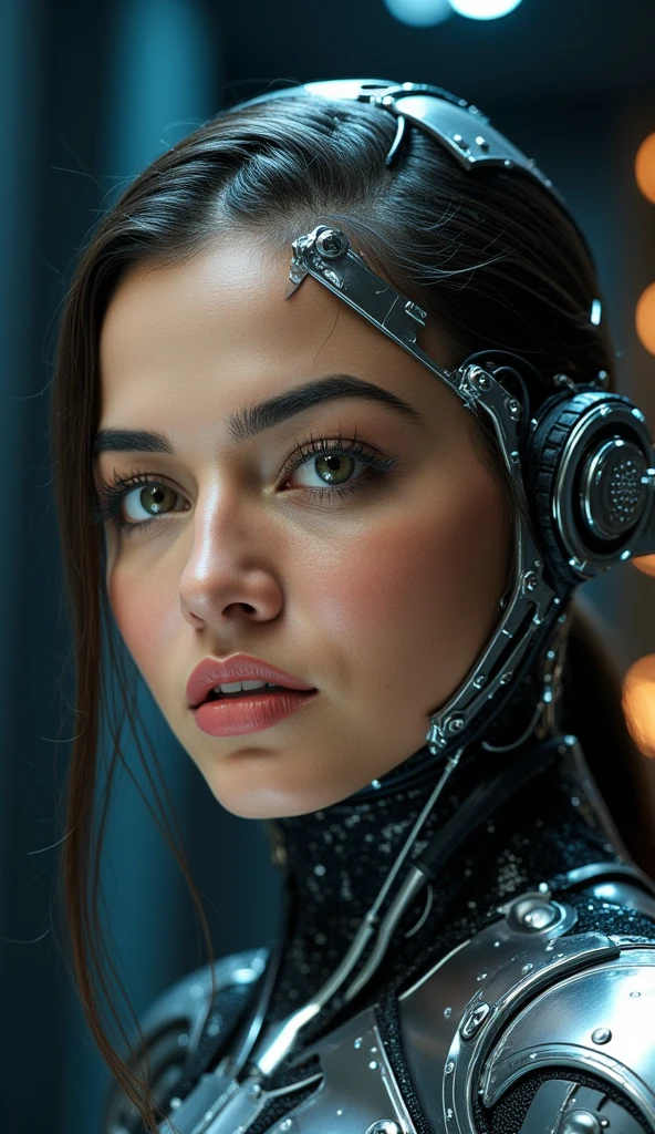 A highly detailed, realistic photo of a cybernetic woman. Her face is a seamless blend of human beauty and advanced technology, with metallic plates and glowing, intricate circuits integrated into her skin. Her eyes are striking that conveys intelligence and mystery. Delicate wires and biomechanical elements weave through her hair, styled sleekly to enhance her futuristic appearance. Her expression is confident and serene, emphasizing her humanity despite her cybernetic enhancements. The background is minimal and dark, with subtle futuristic light patterns, drawing full attention to the intricate details of her face and design. The overall image is hyper-realistic, with fine textures, soft lighting, and a cinematic atmosphere.